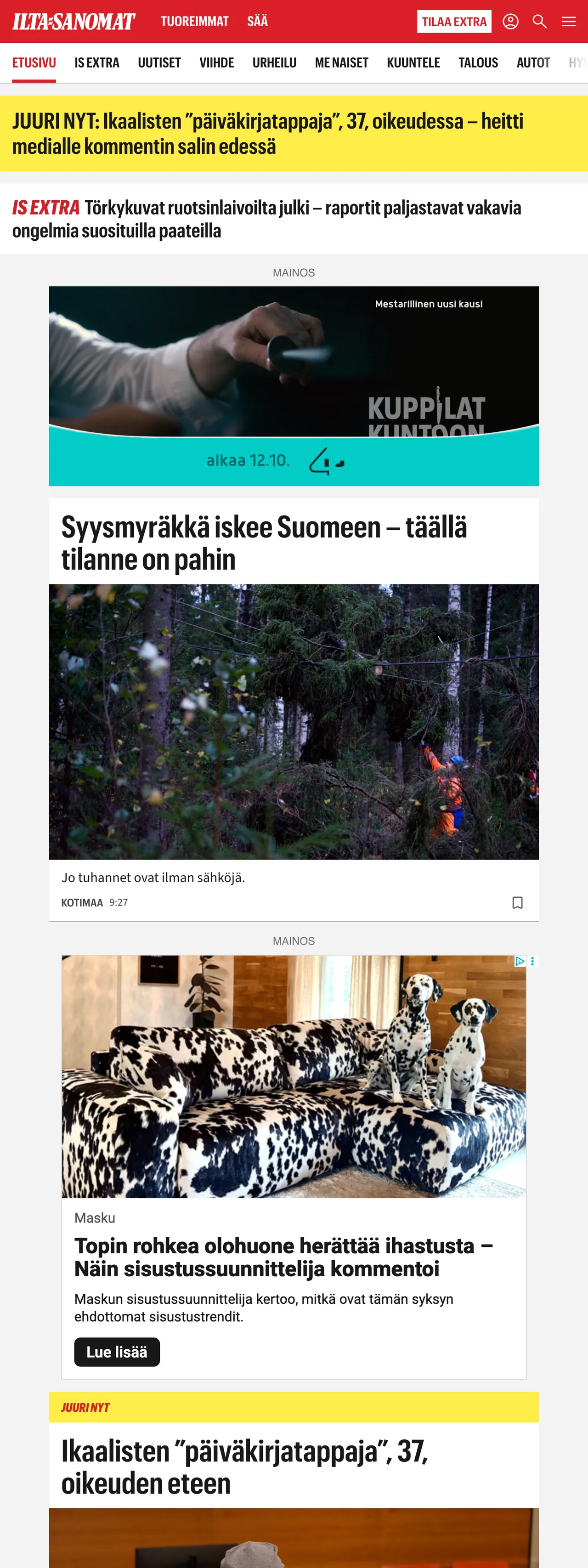 Screenshot of the Ilta-Sanomat front page