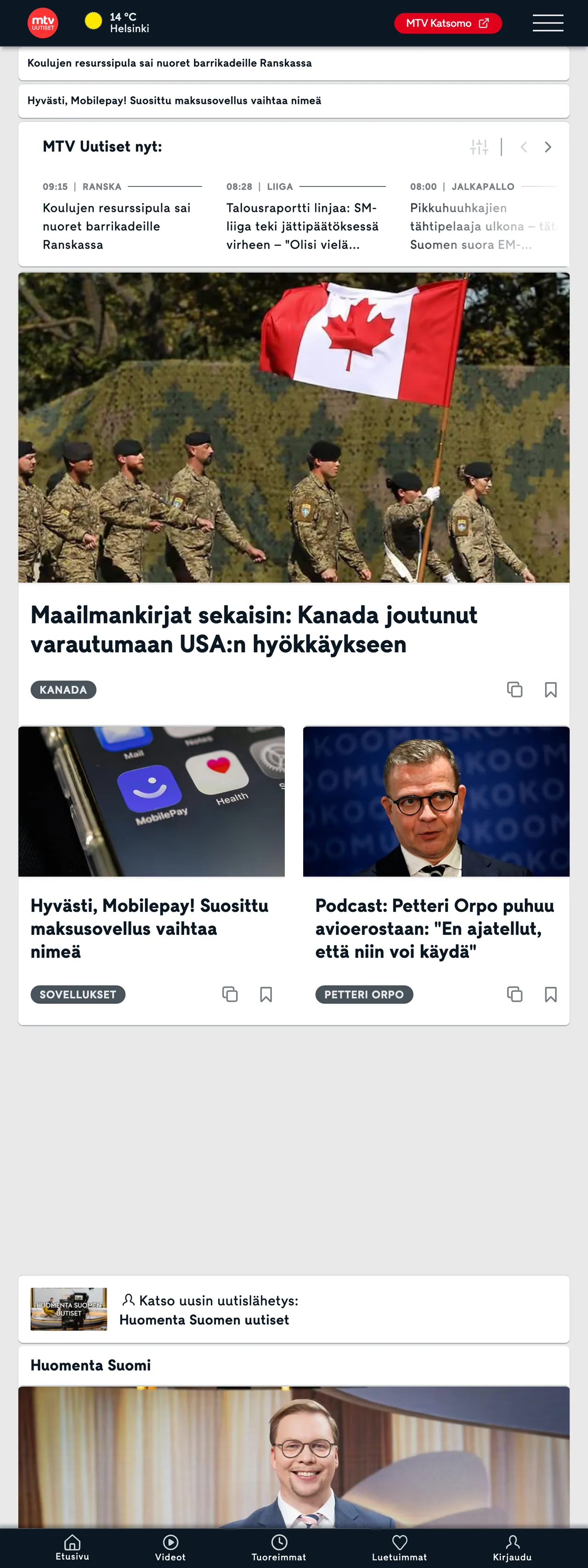 Screenshot of the MTV Uutiset front page