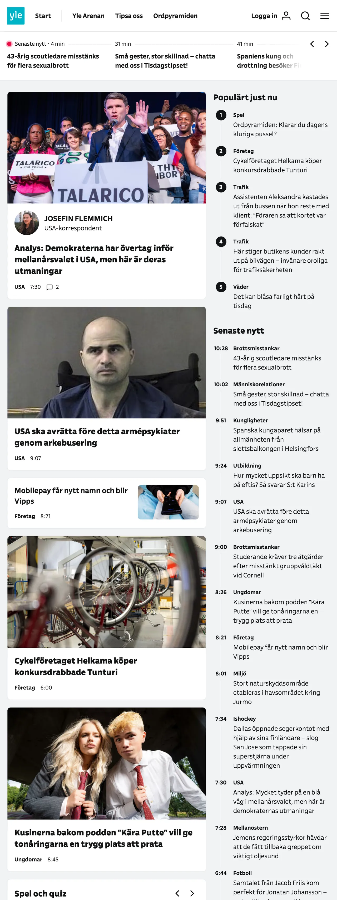 Screenshot of the Svenska Yle front page