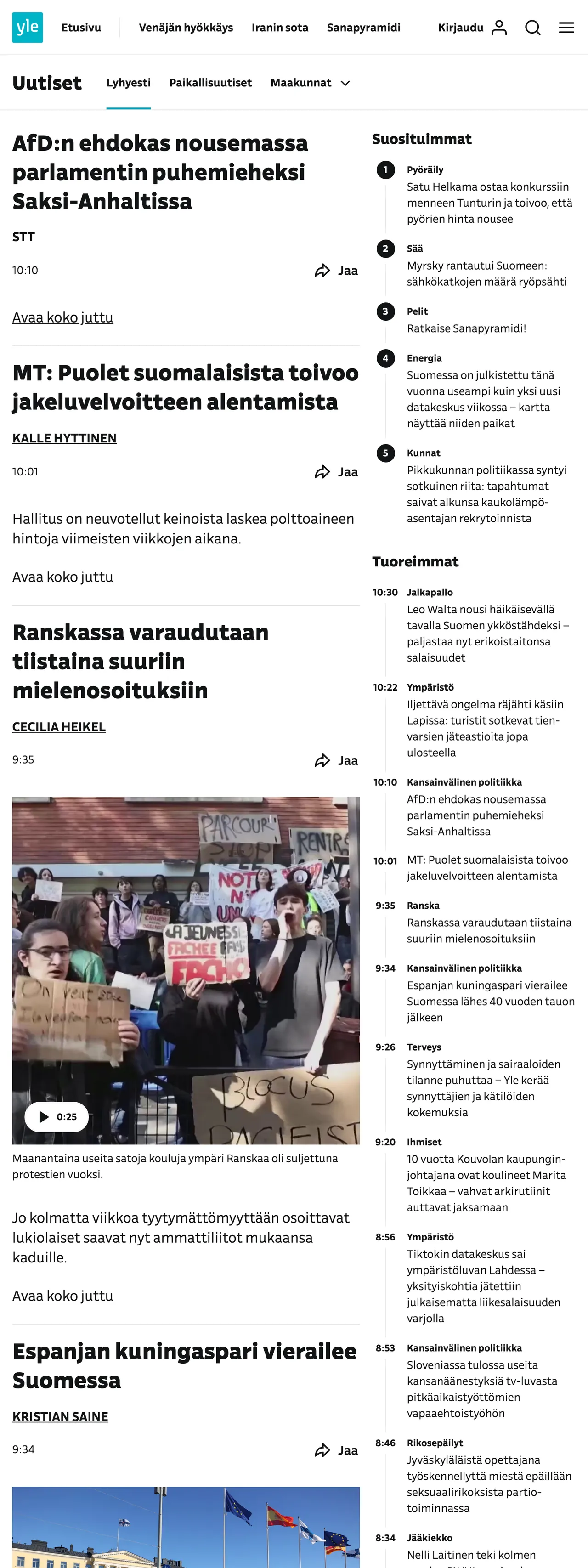 Screenshot of the Yle front page