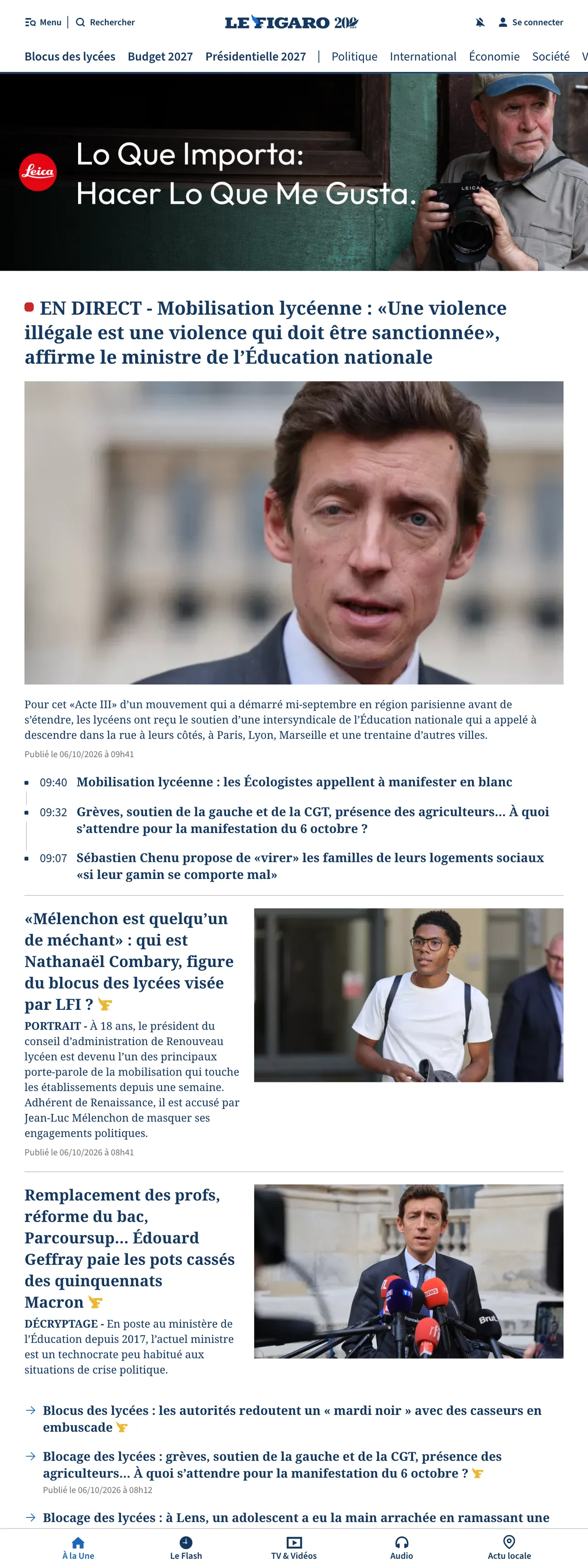 Screenshot of the Le Figaro front page