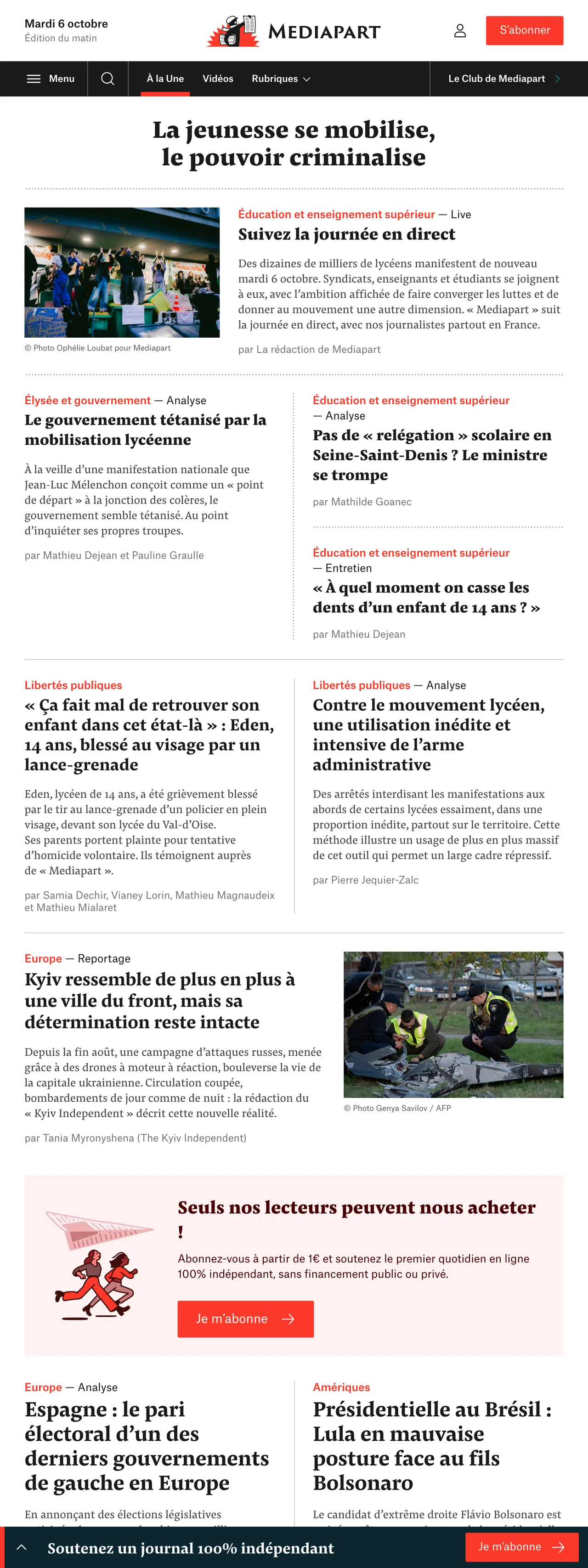 Screenshot of the Mediapart front page