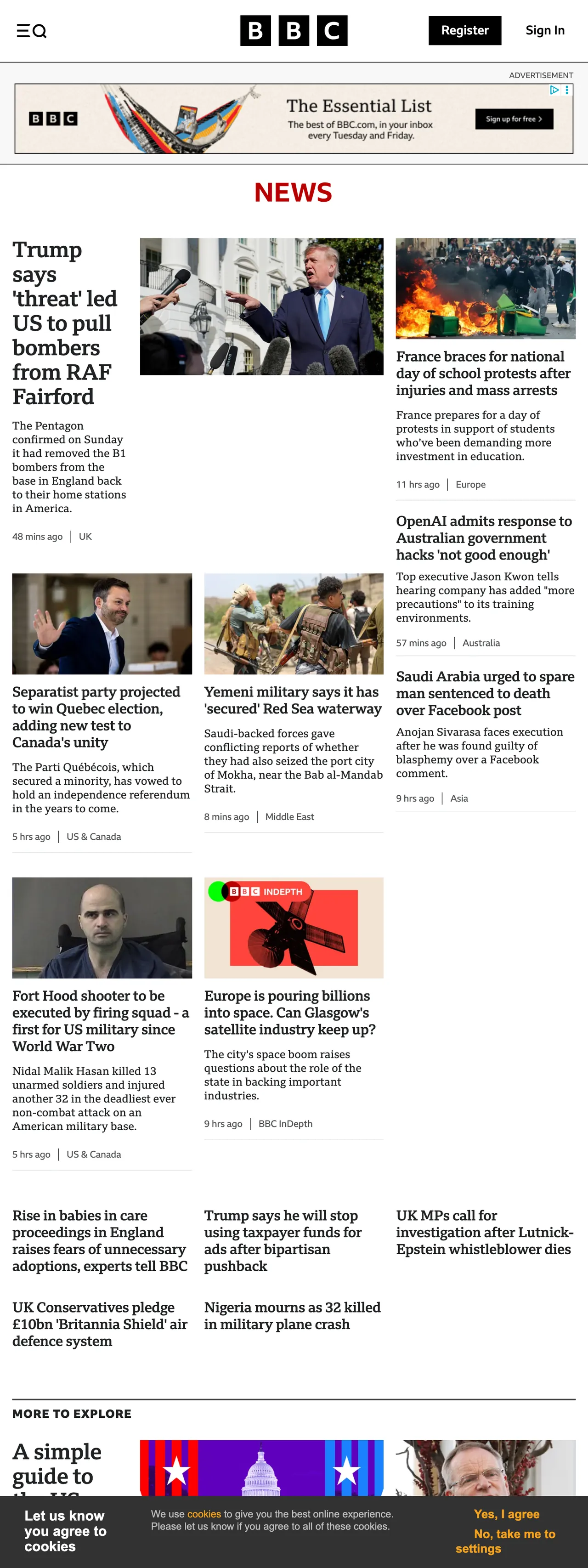Screenshot of the BBC News front page
