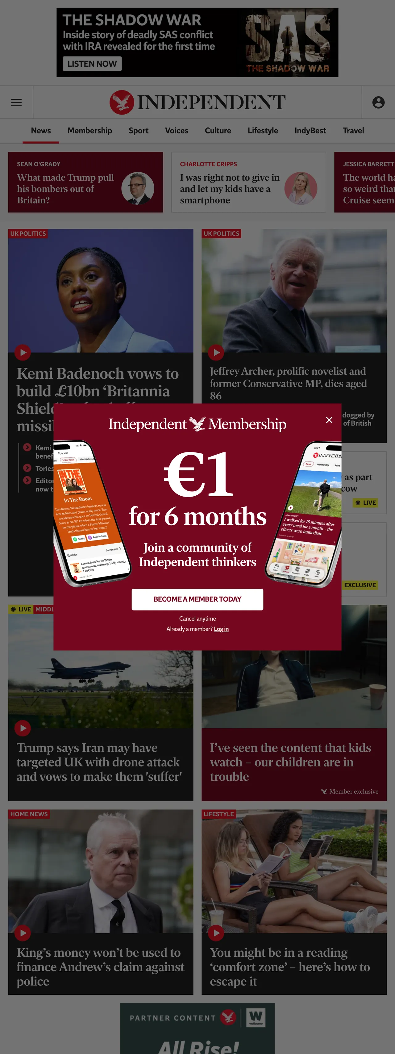 Screenshot of the The Independent front page