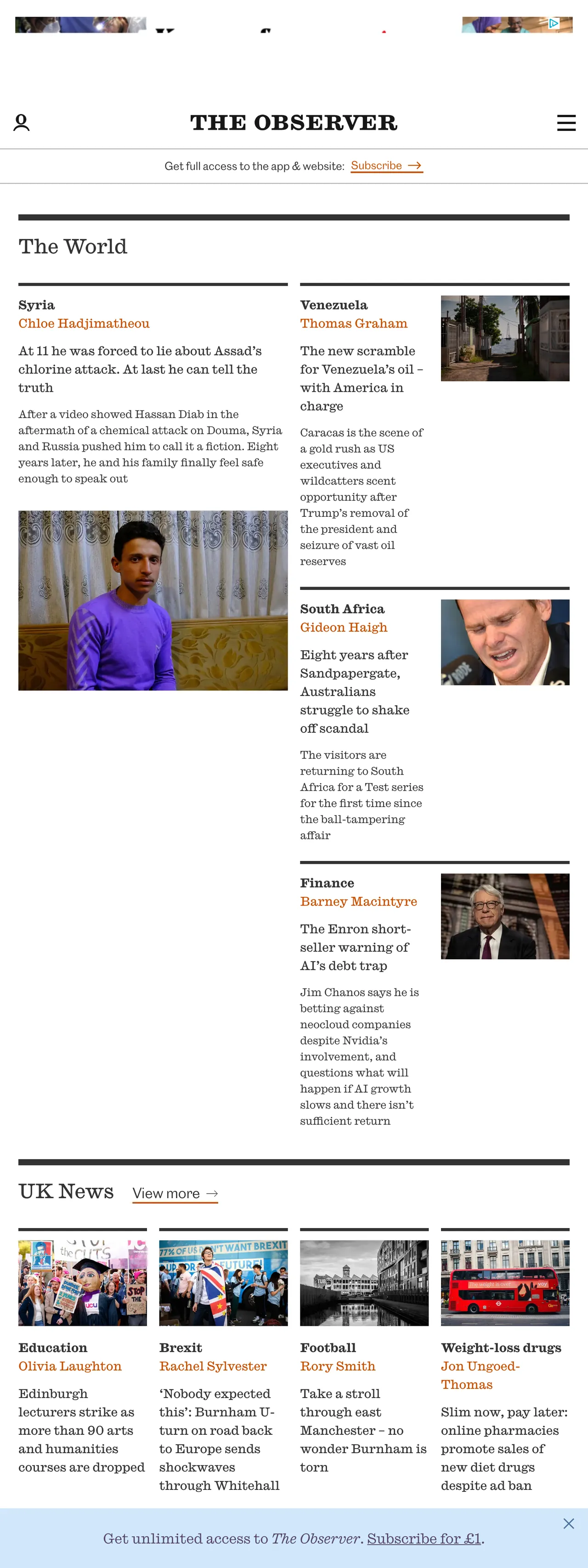 Screenshot of the The Observer front page