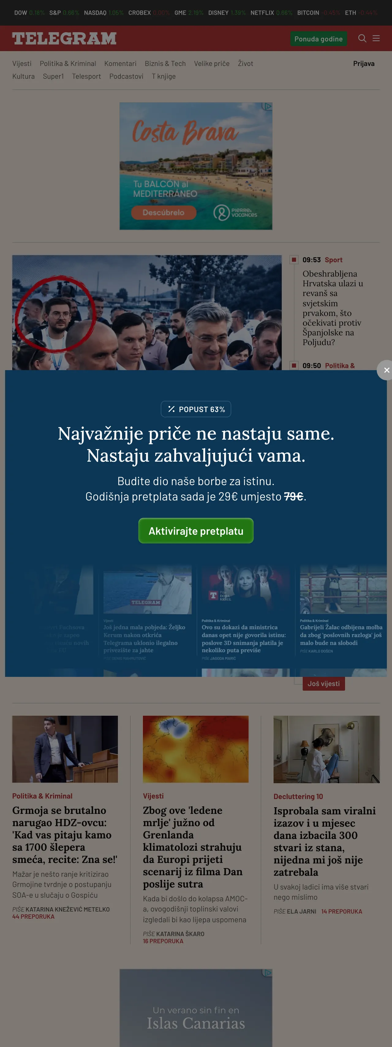 Screenshot of the Telegram.hr front page
