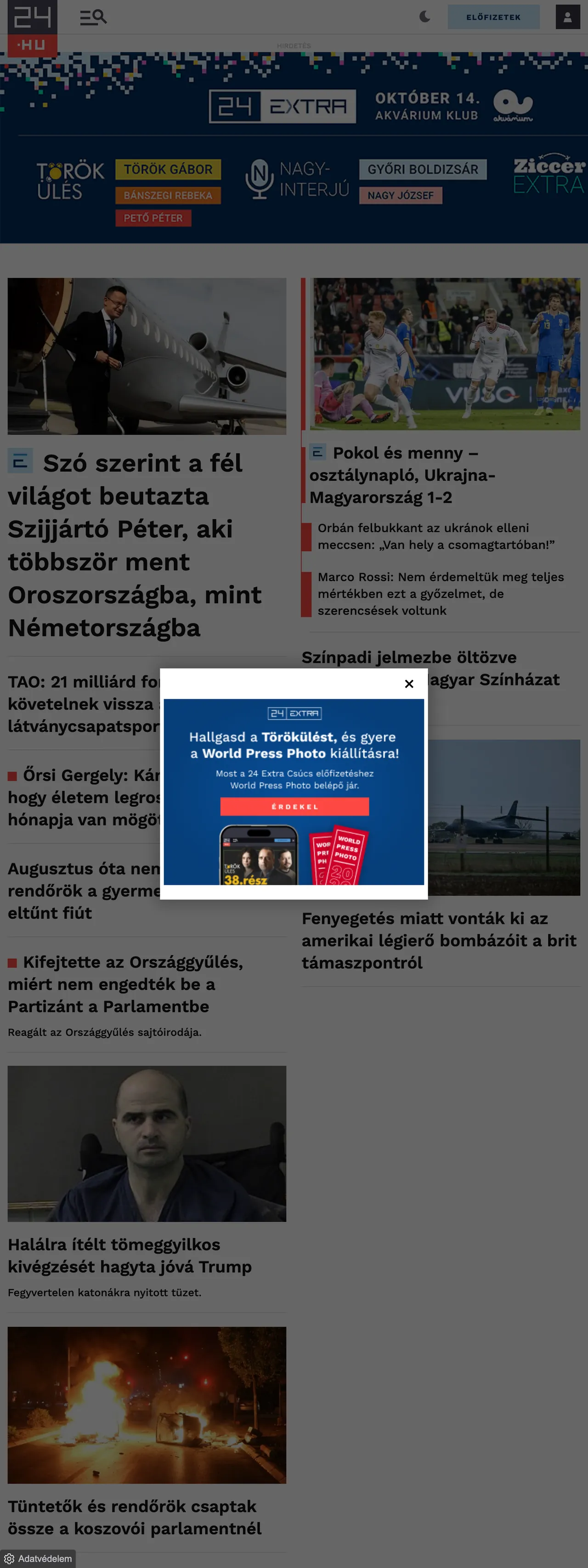 Screenshot of the 24.hu front page