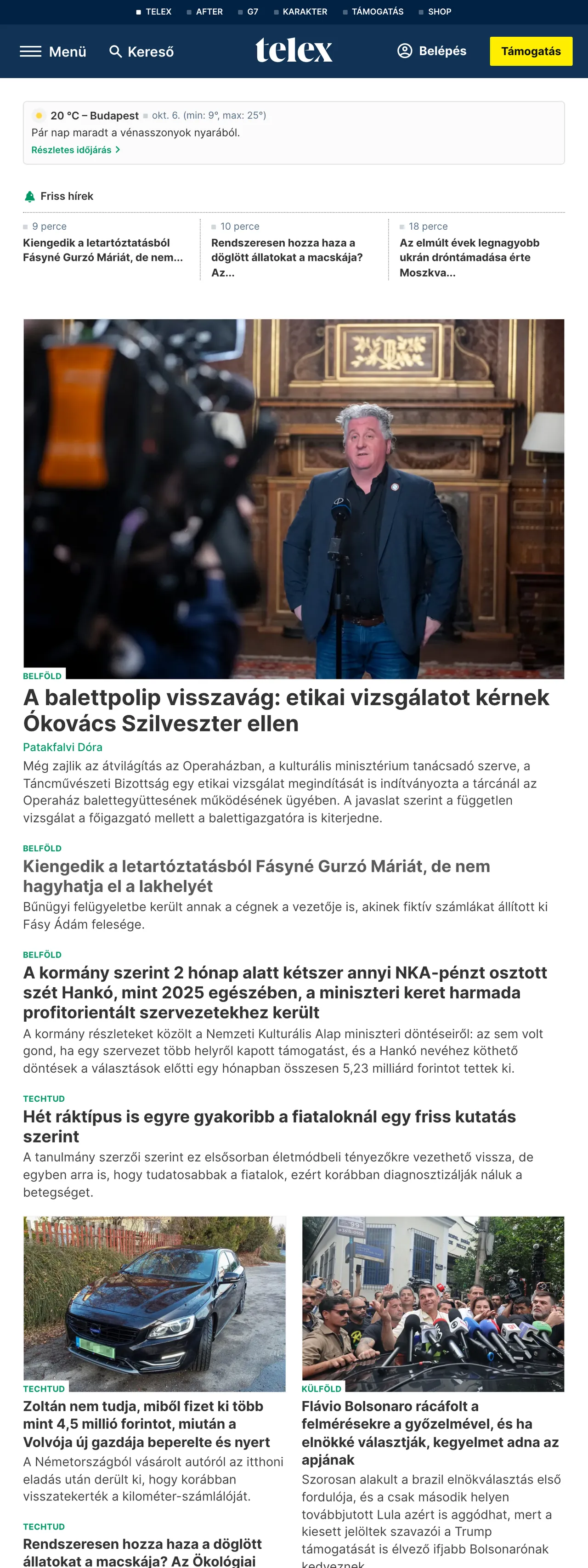 Screenshot of the Telex front page