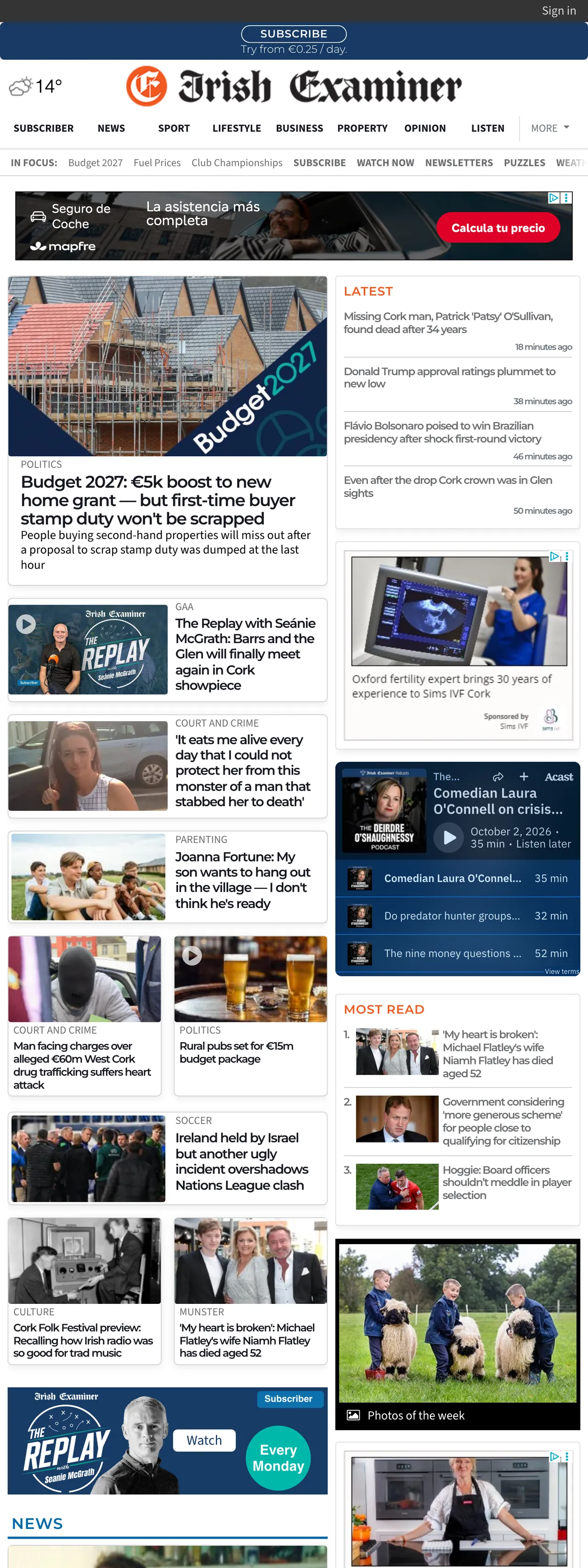 Screenshot of the Irish Examiner front page