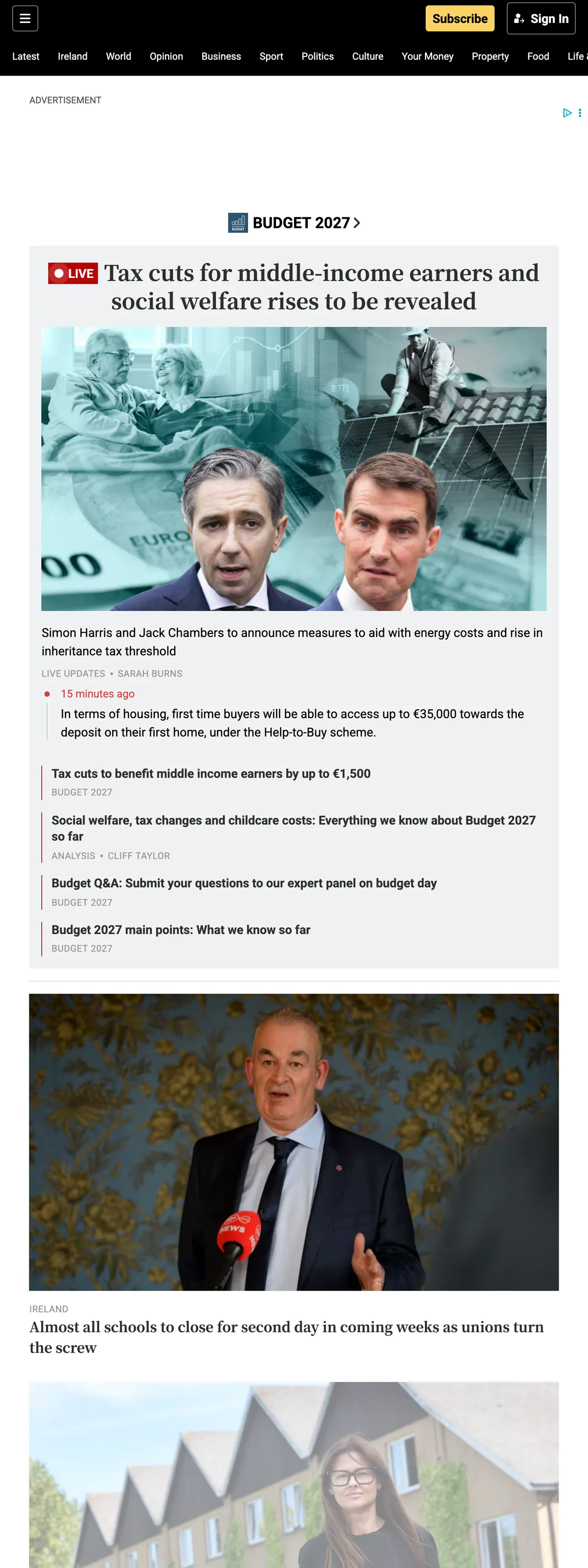 Screenshot of the The Irish Times front page