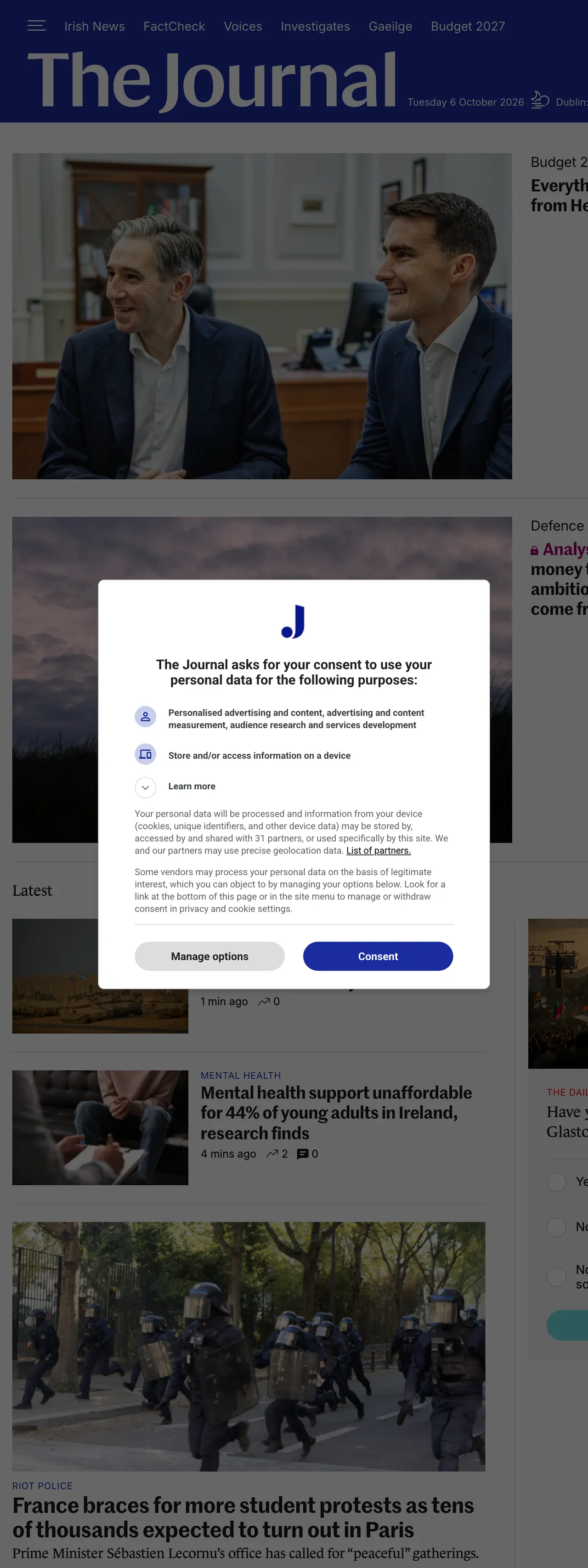 Screenshot of the TheJournal.ie front page
