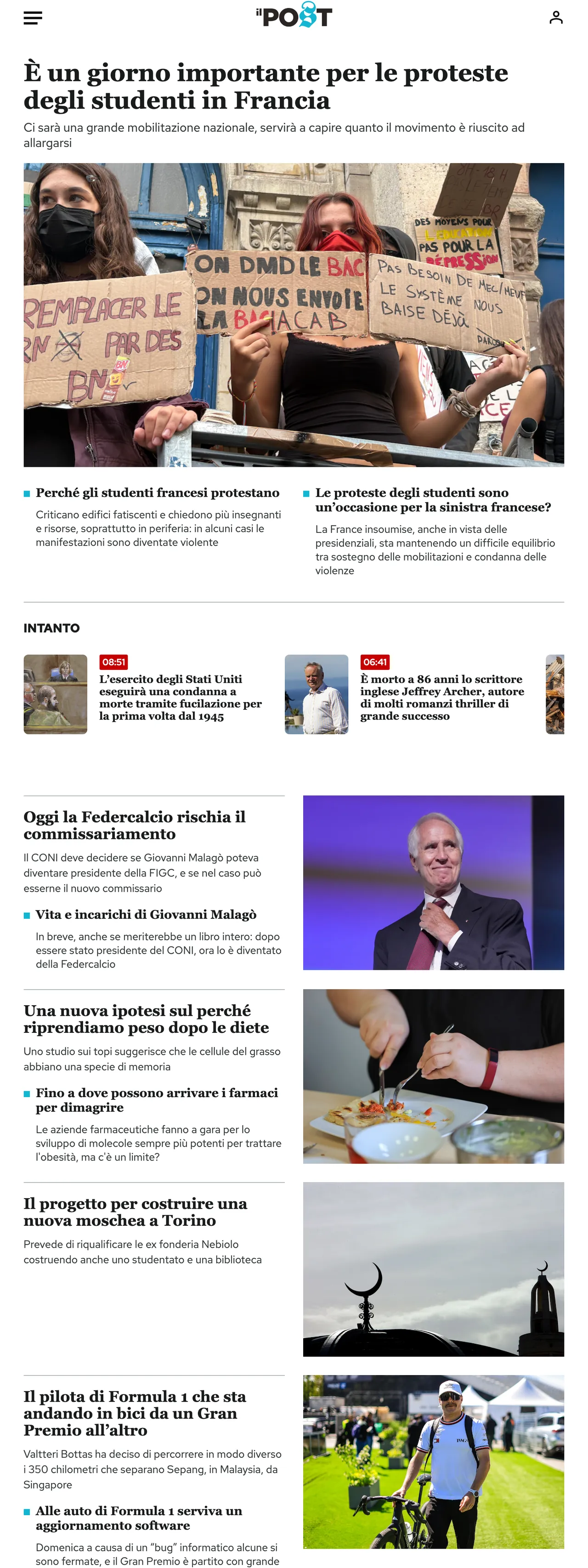 Screenshot of the Il Post front page