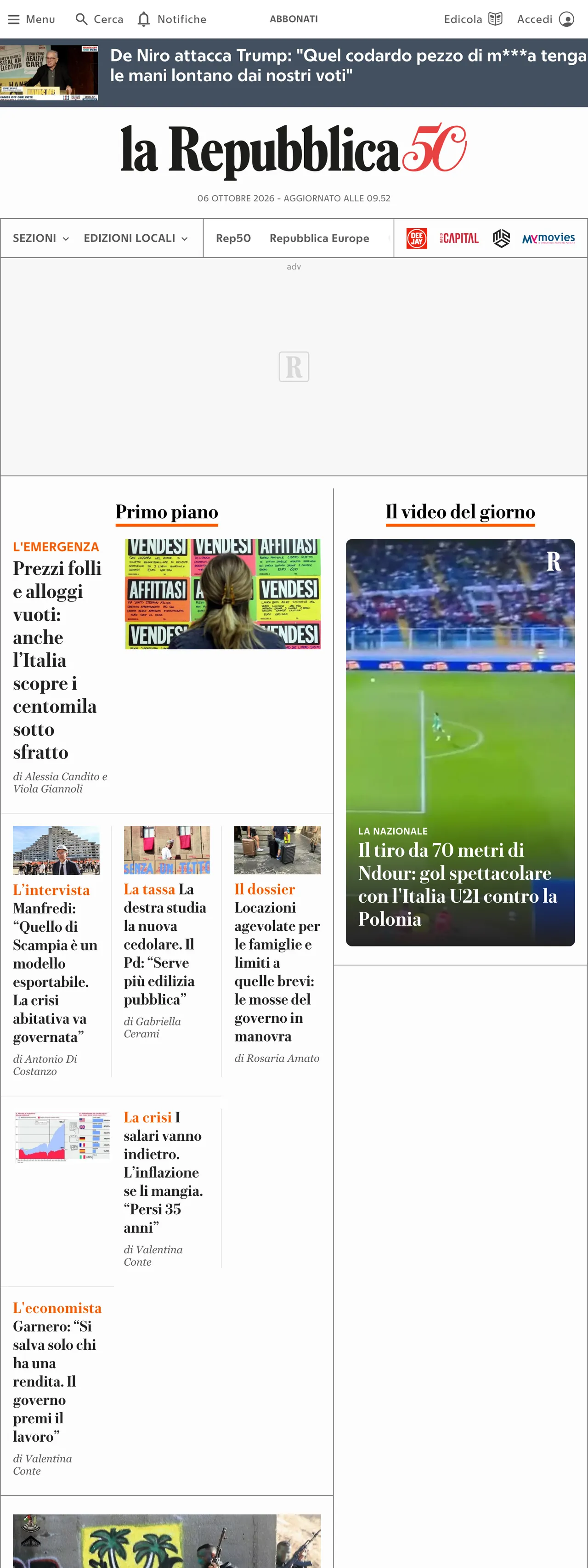 Screenshot of the la Repubblica front page