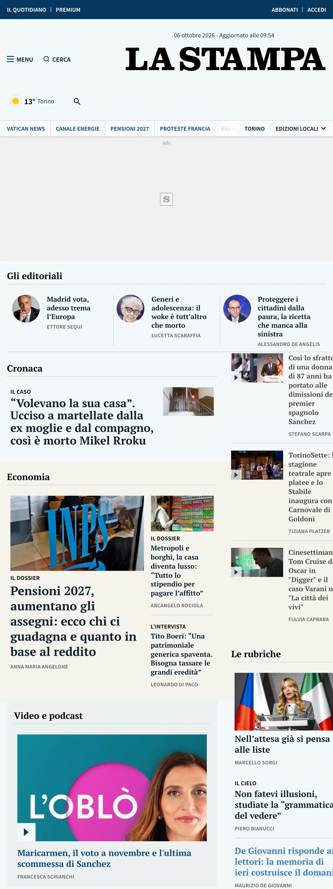 Screenshot of the La Stampa front page