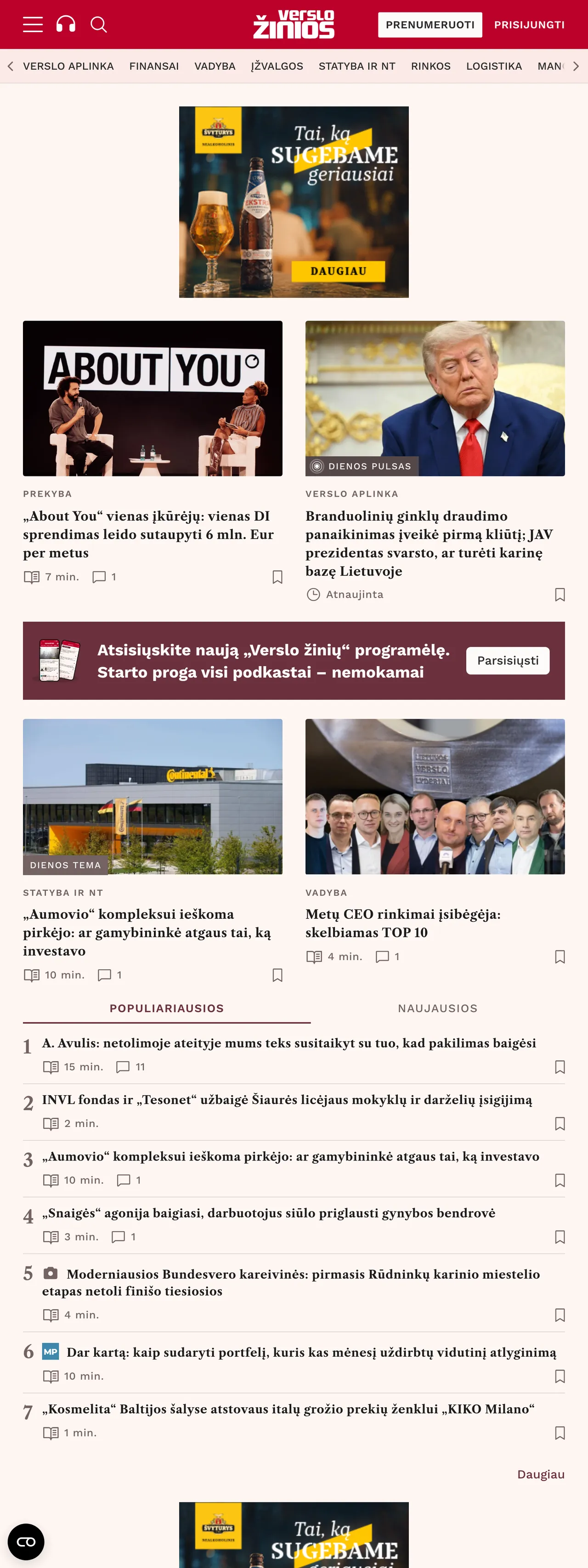 Screenshot of the Verslo žinios front page