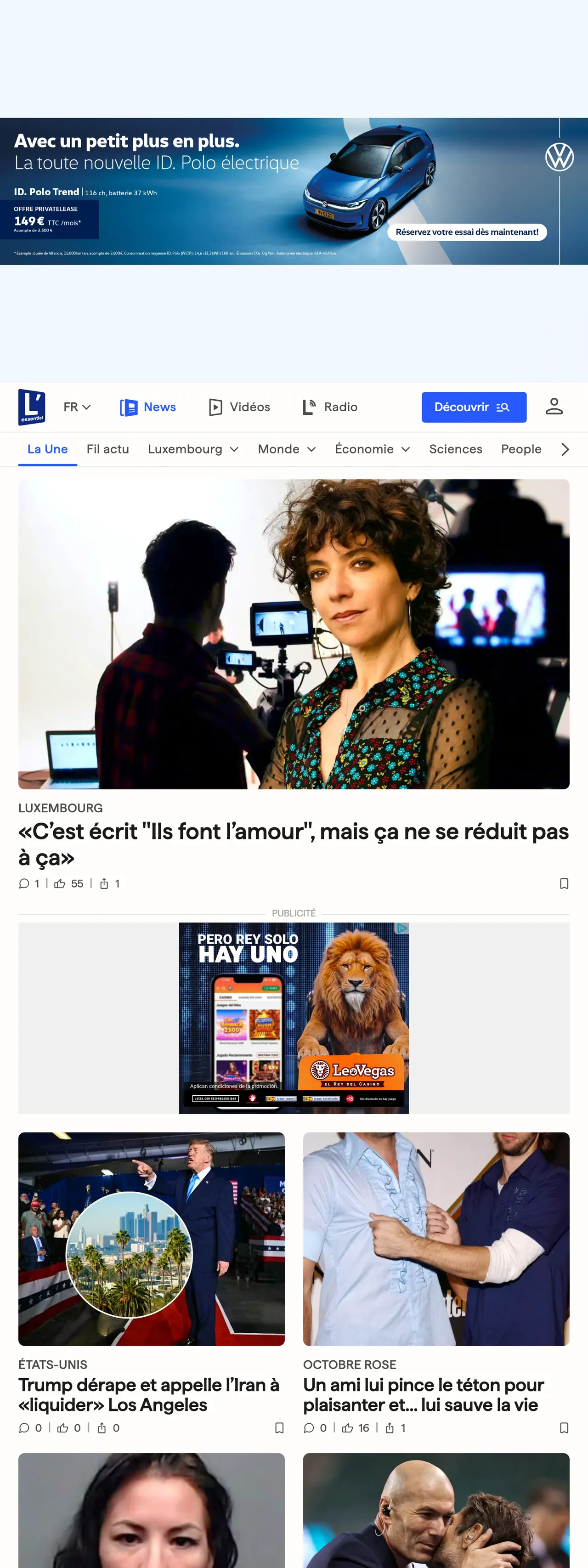 Screenshot of the L'essentiel front page