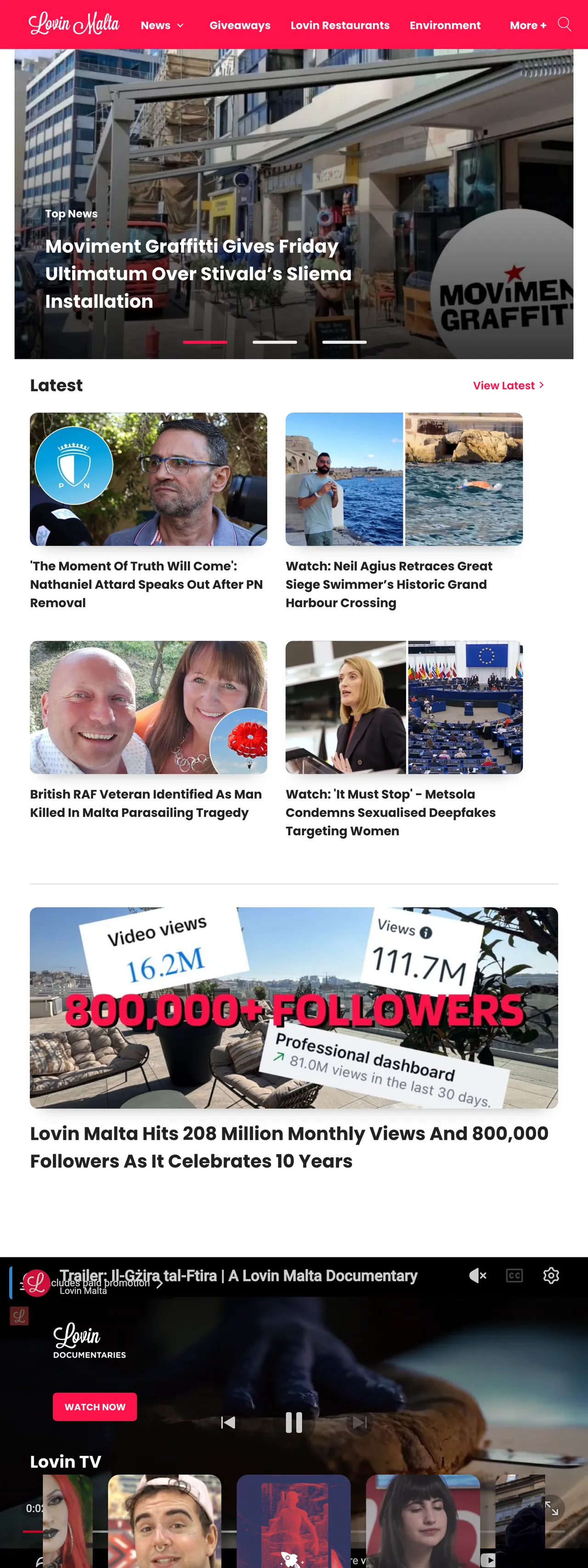 Screenshot of the Lovin Malta front page