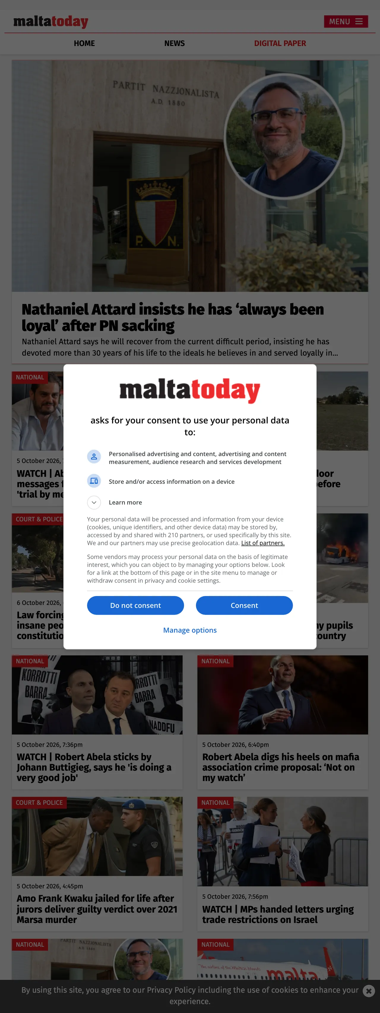 Screenshot of the Malta Today front page