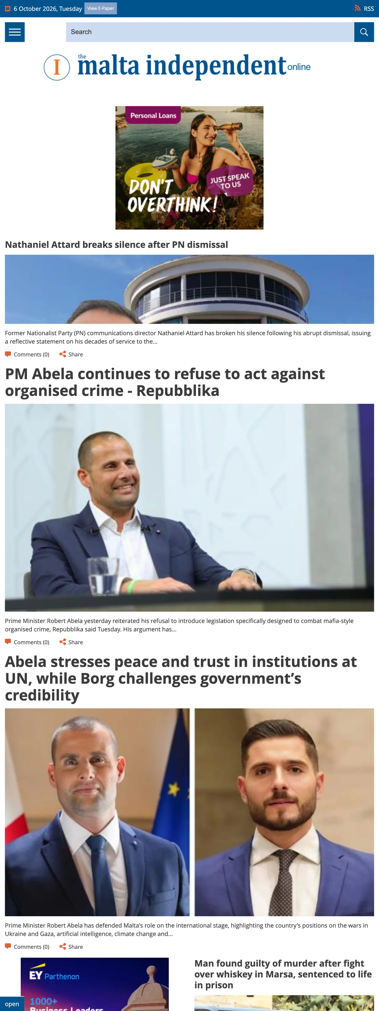 Screenshot of the The Malta Independent front page