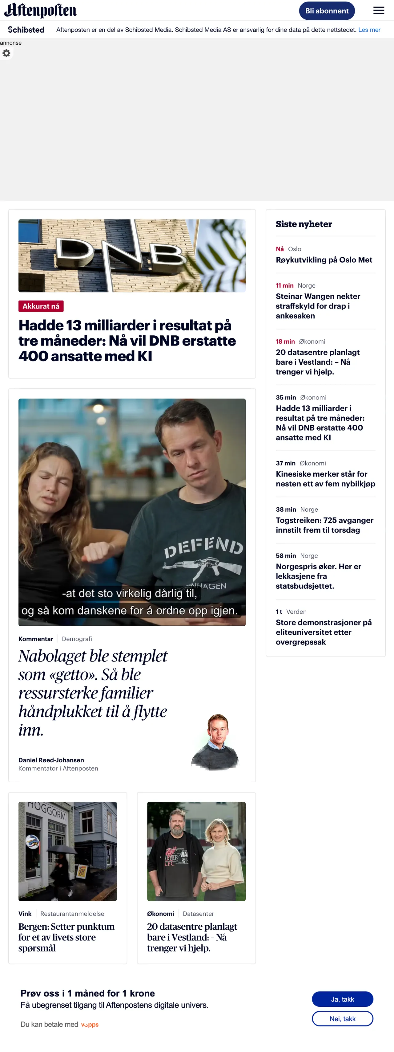 Screenshot of the Aftenposten front page