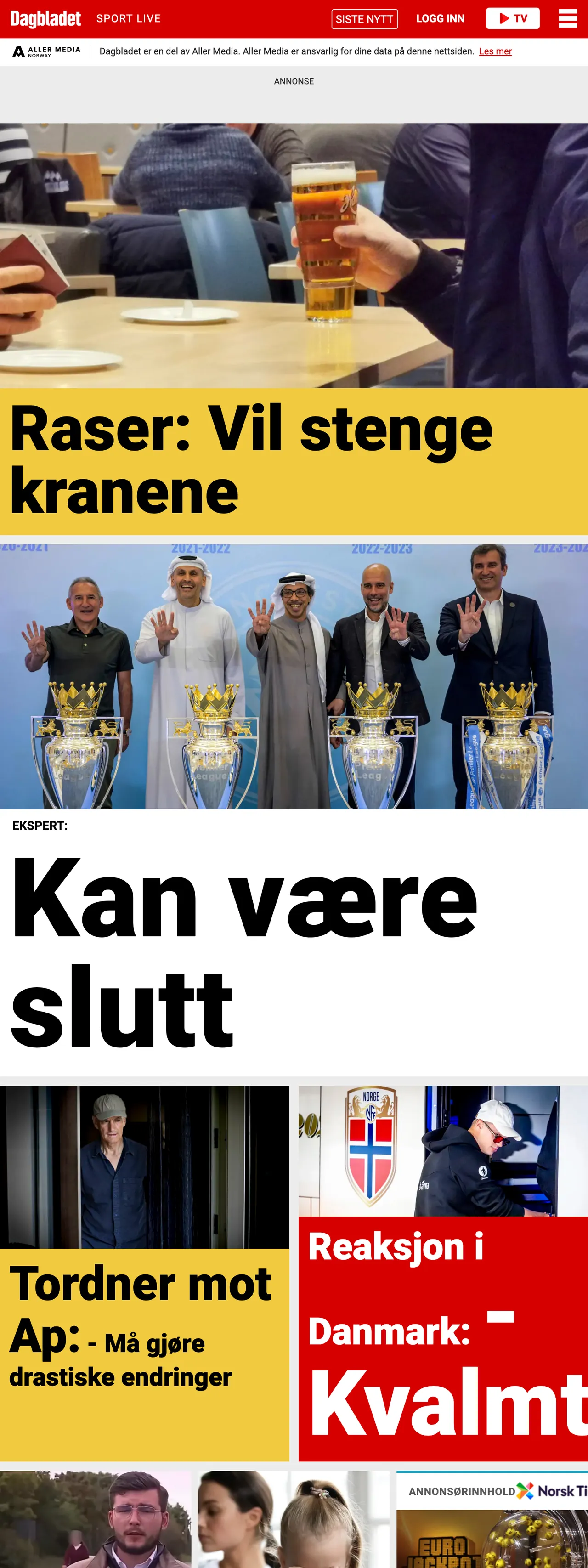 Screenshot of the Dagbladet front page