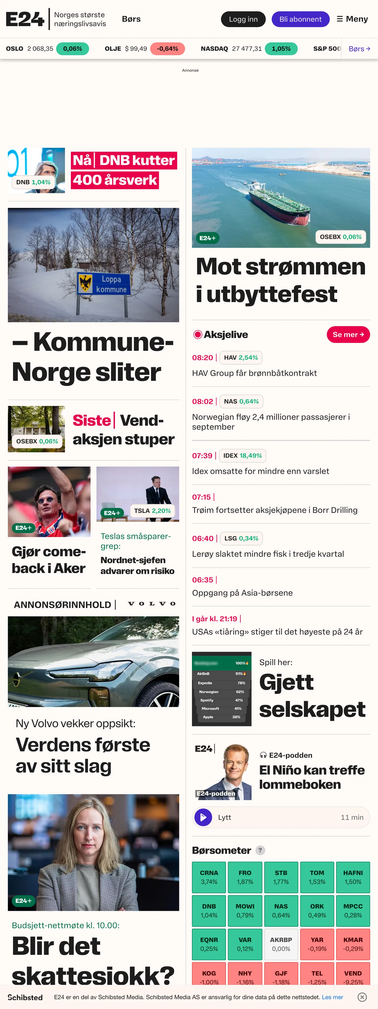 Screenshot of the E24 front page