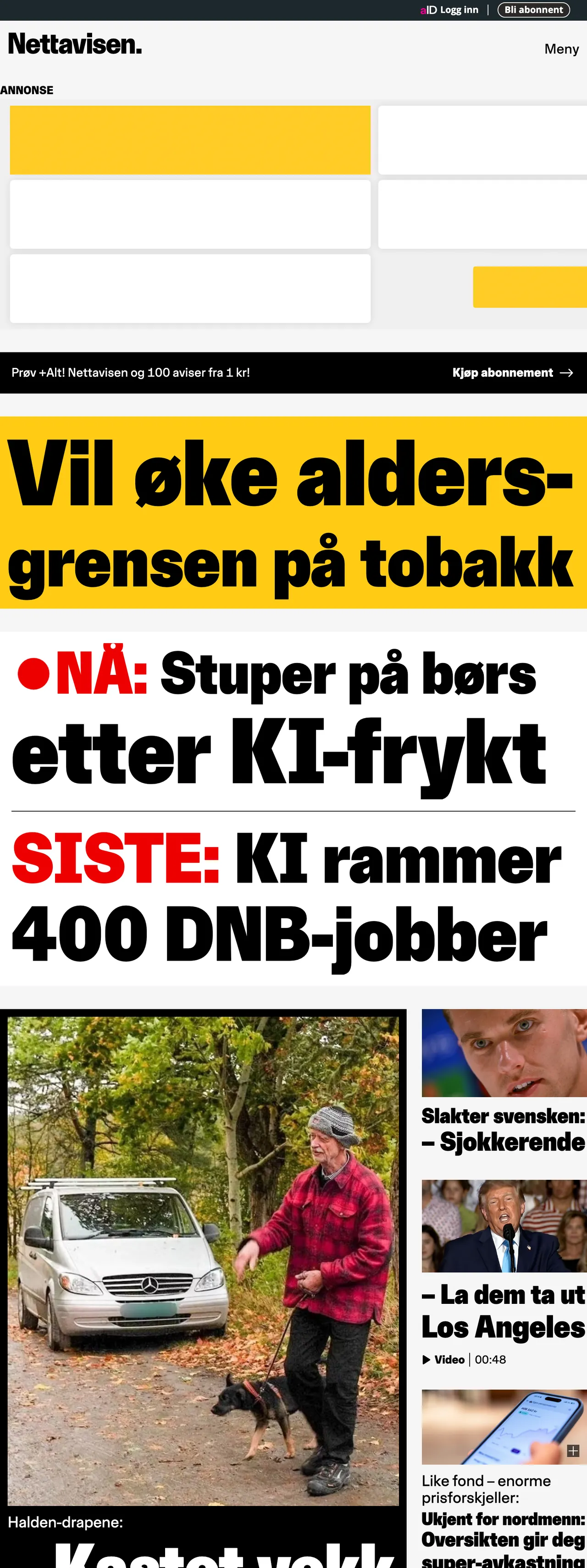 Screenshot of the Nettavisen front page