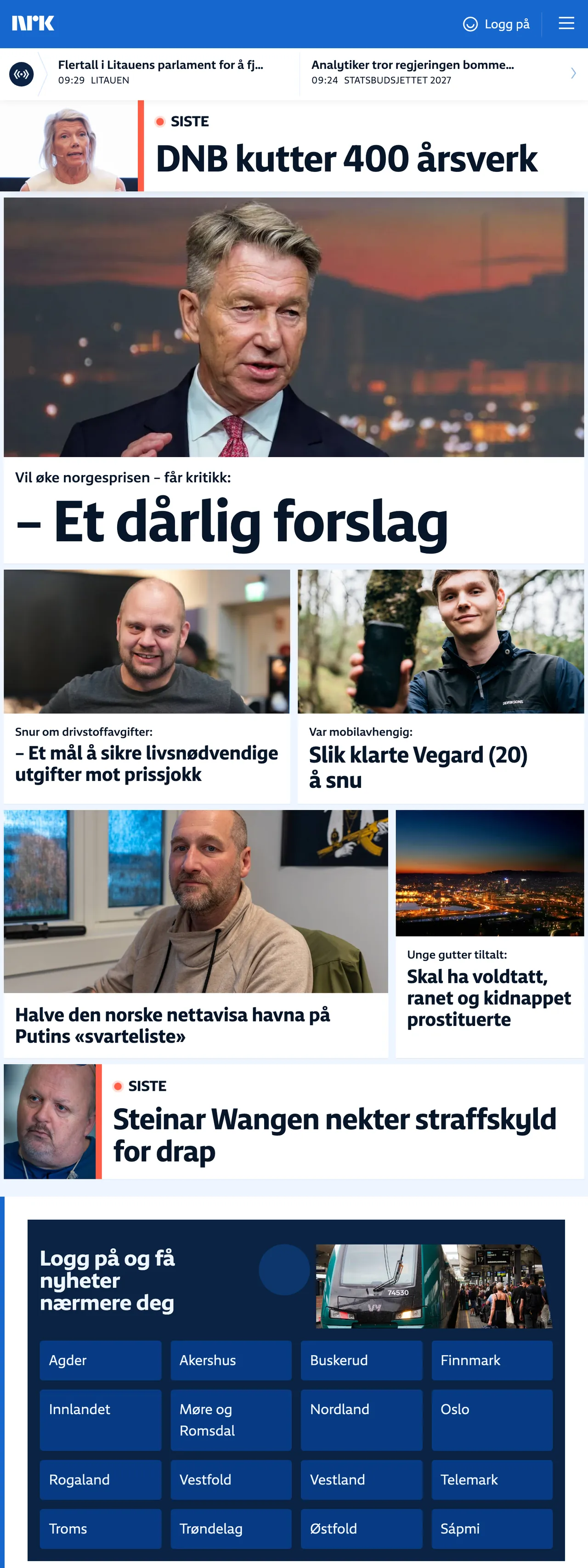 Screenshot of the NRK front page