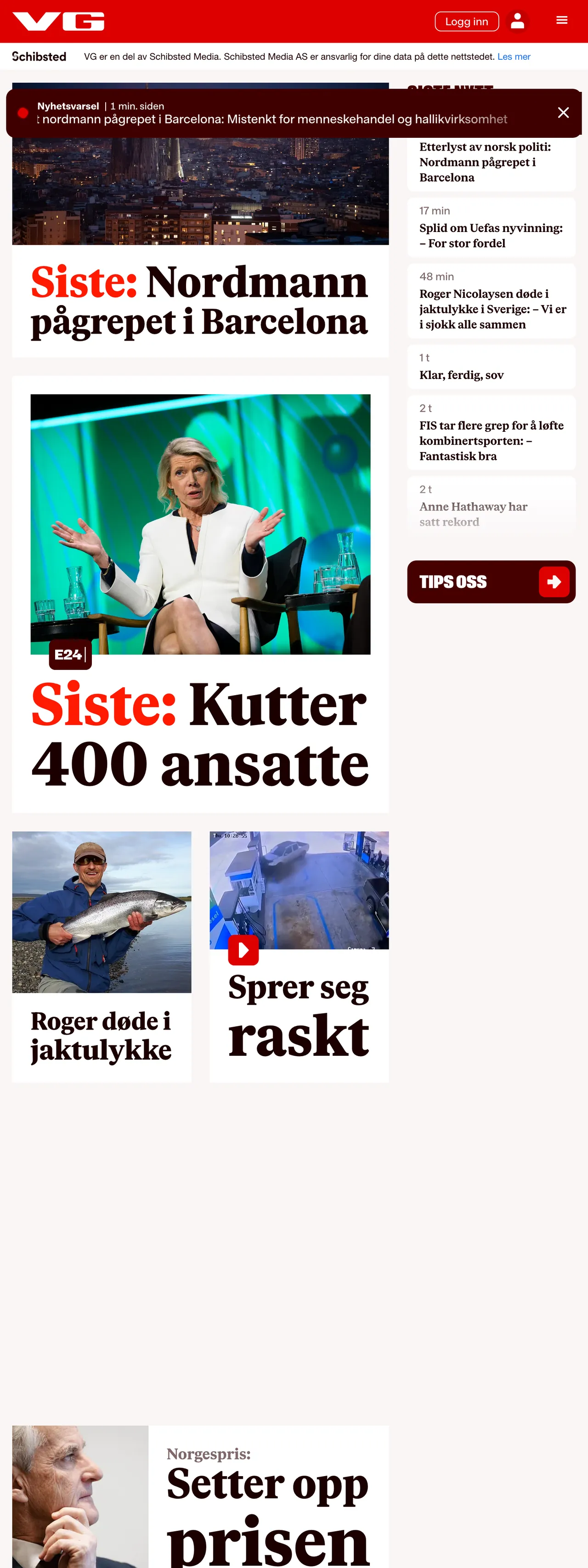Screenshot of the VG front page
