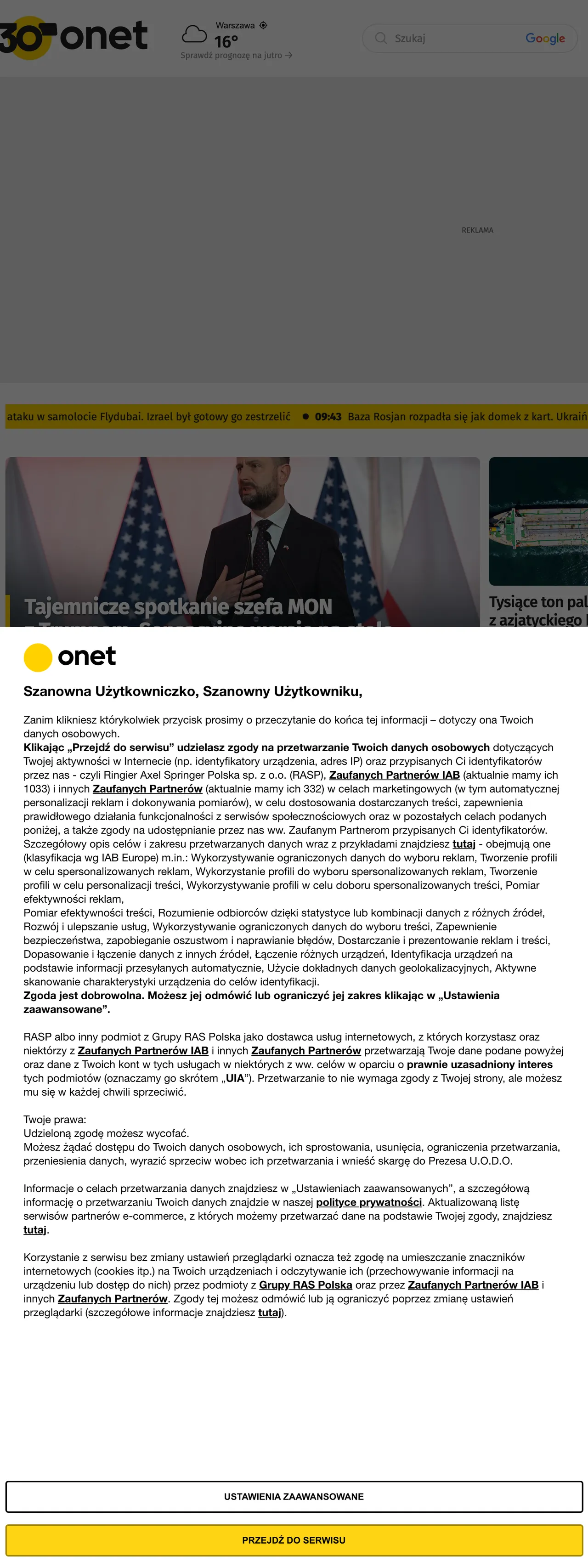 Screenshot of the Onet front page