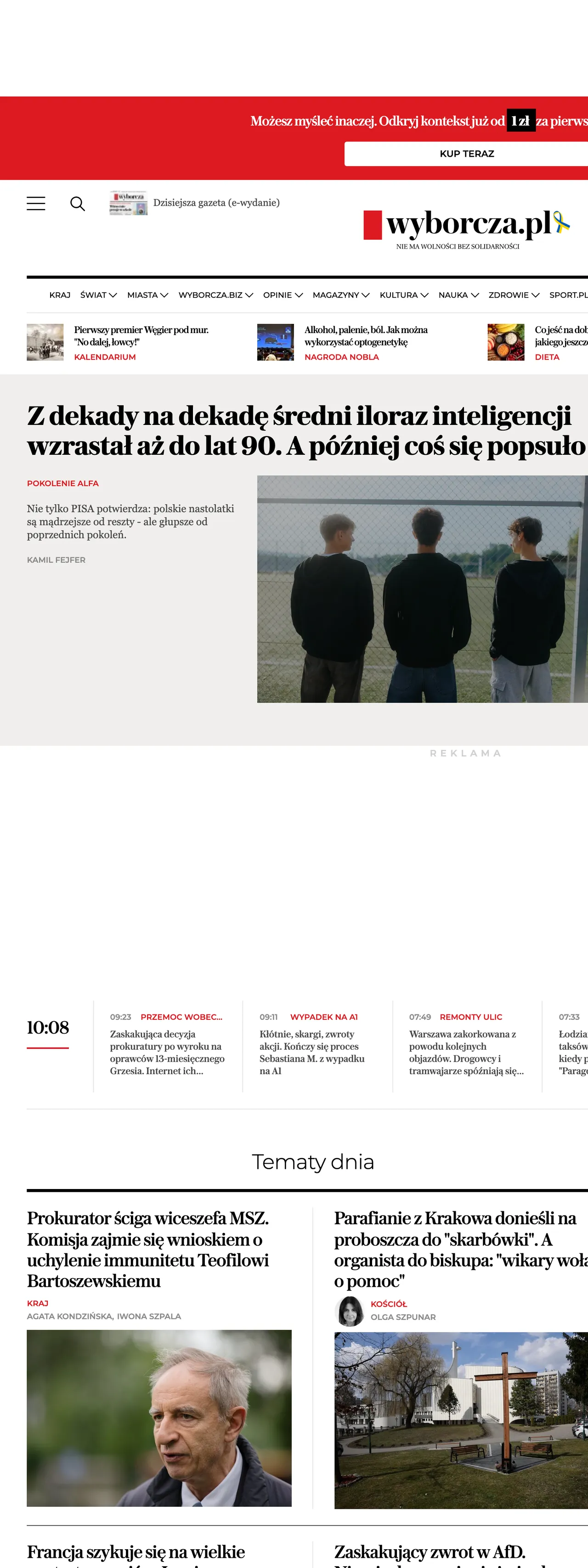 Screenshot of the Wyborcza front page