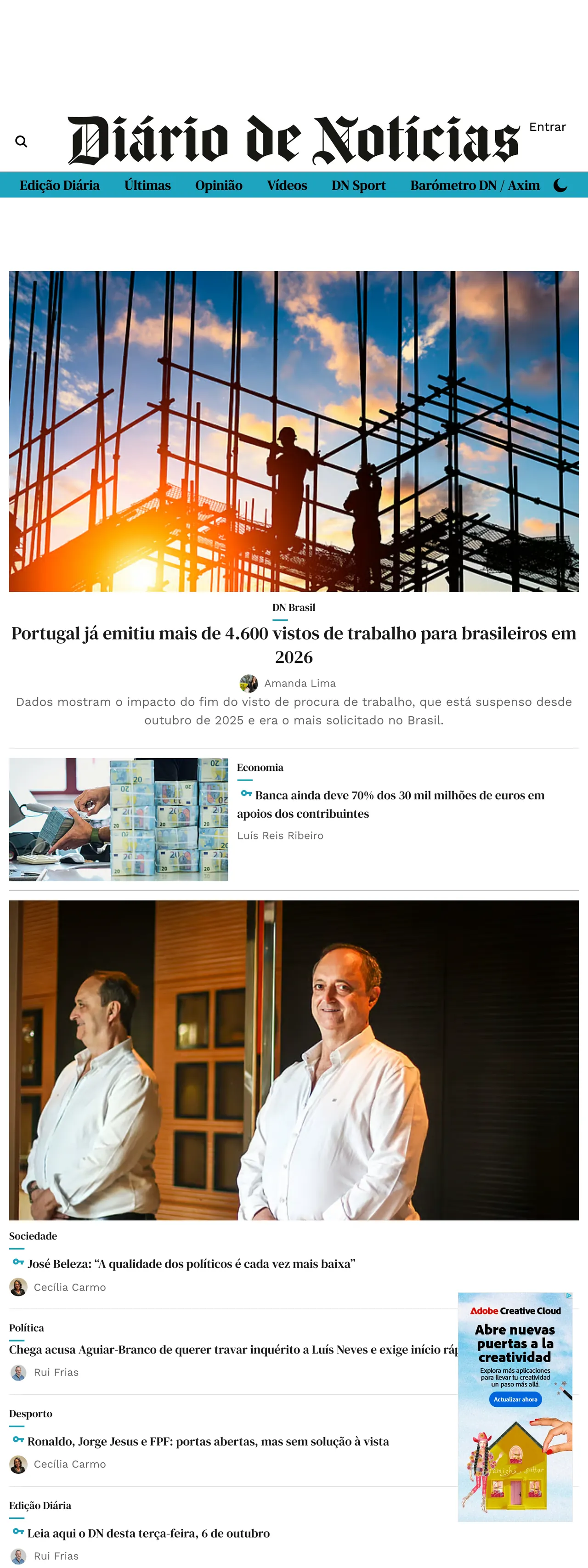 Screenshot of the Diário de Notícias front page