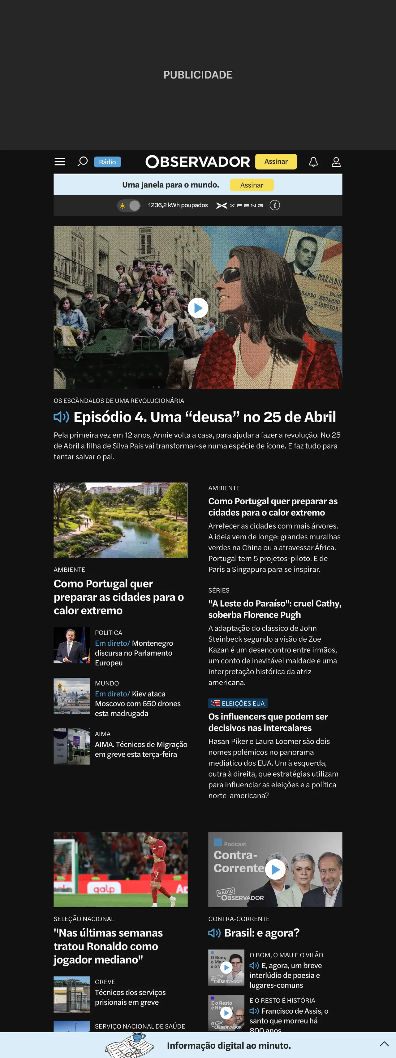 Screenshot of the Observador front page