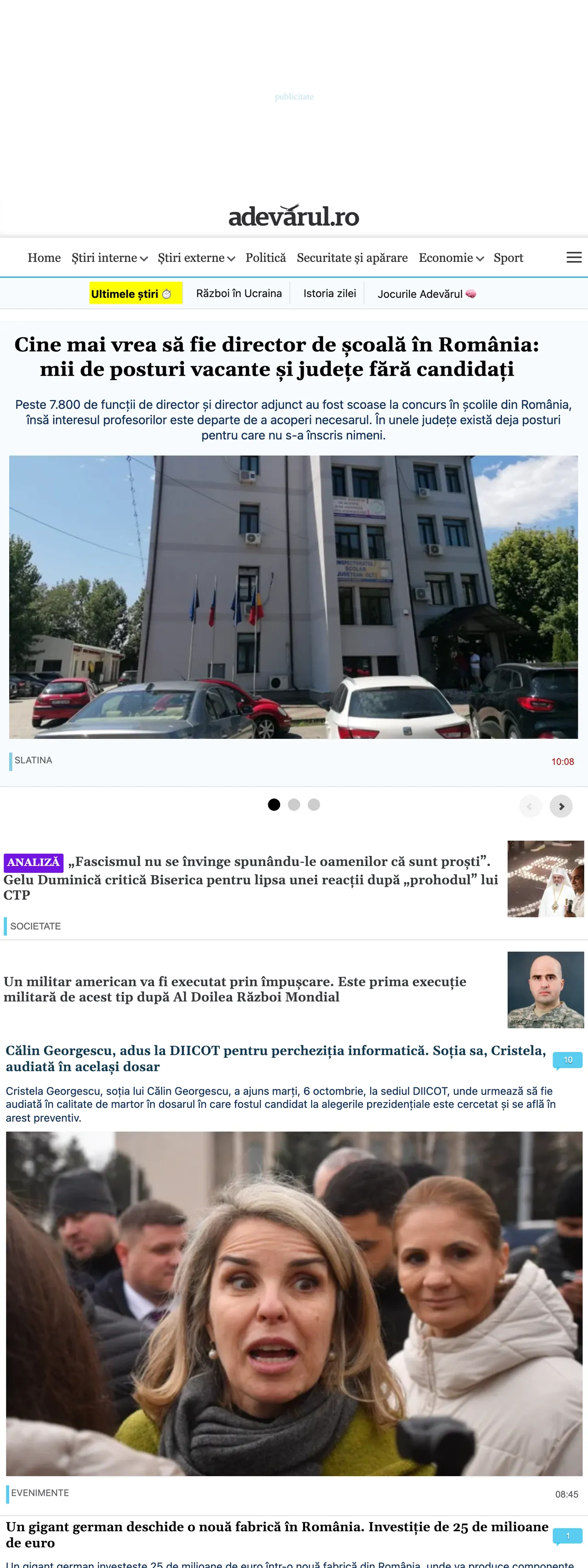 Screenshot of the Adevărul front page