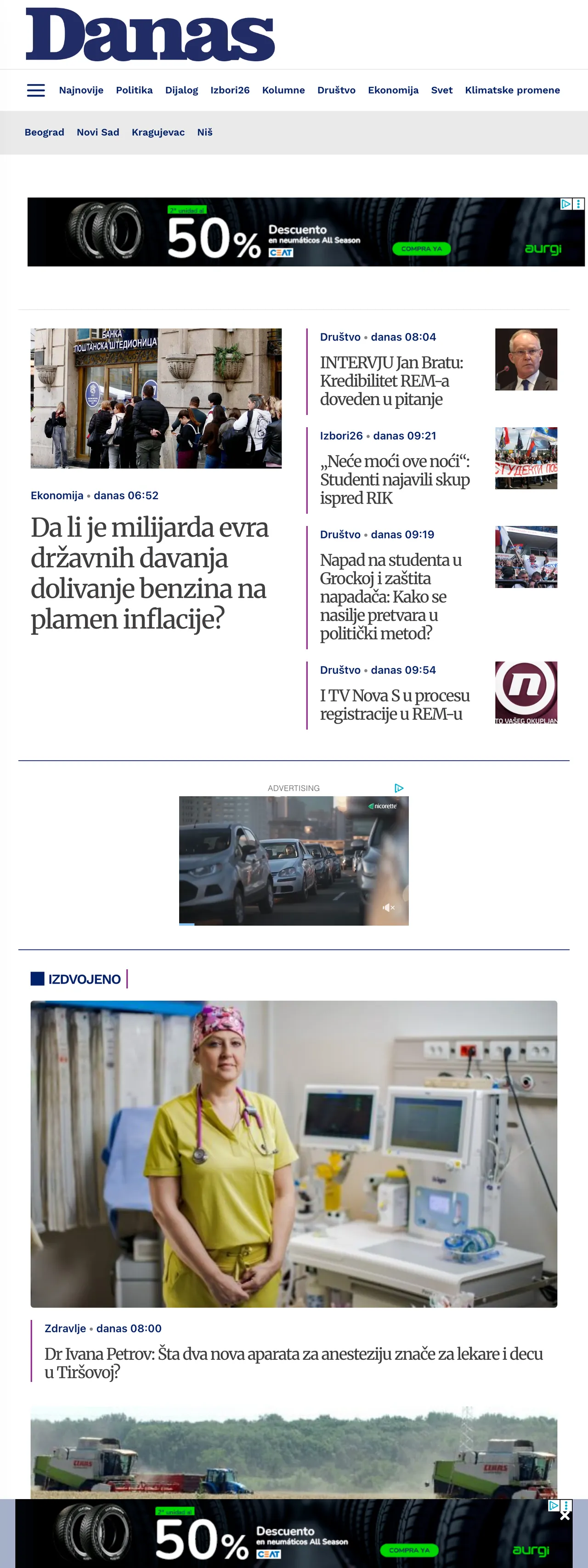 Screenshot of the Danas front page