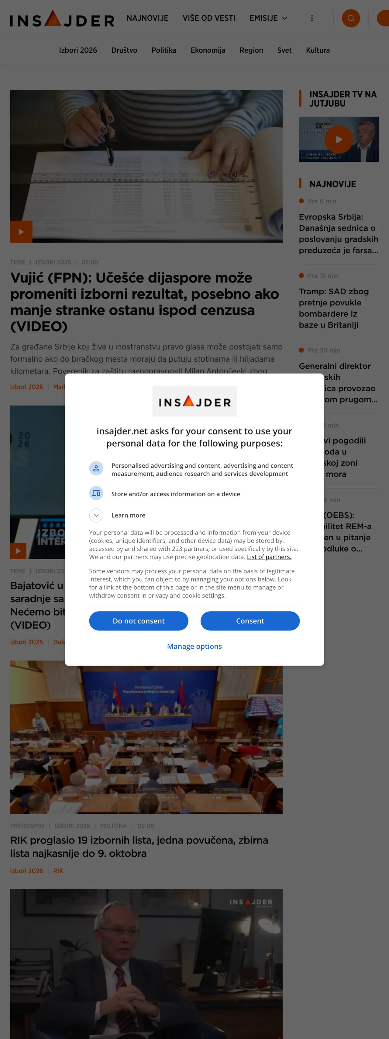 Screenshot of the Insajder front page