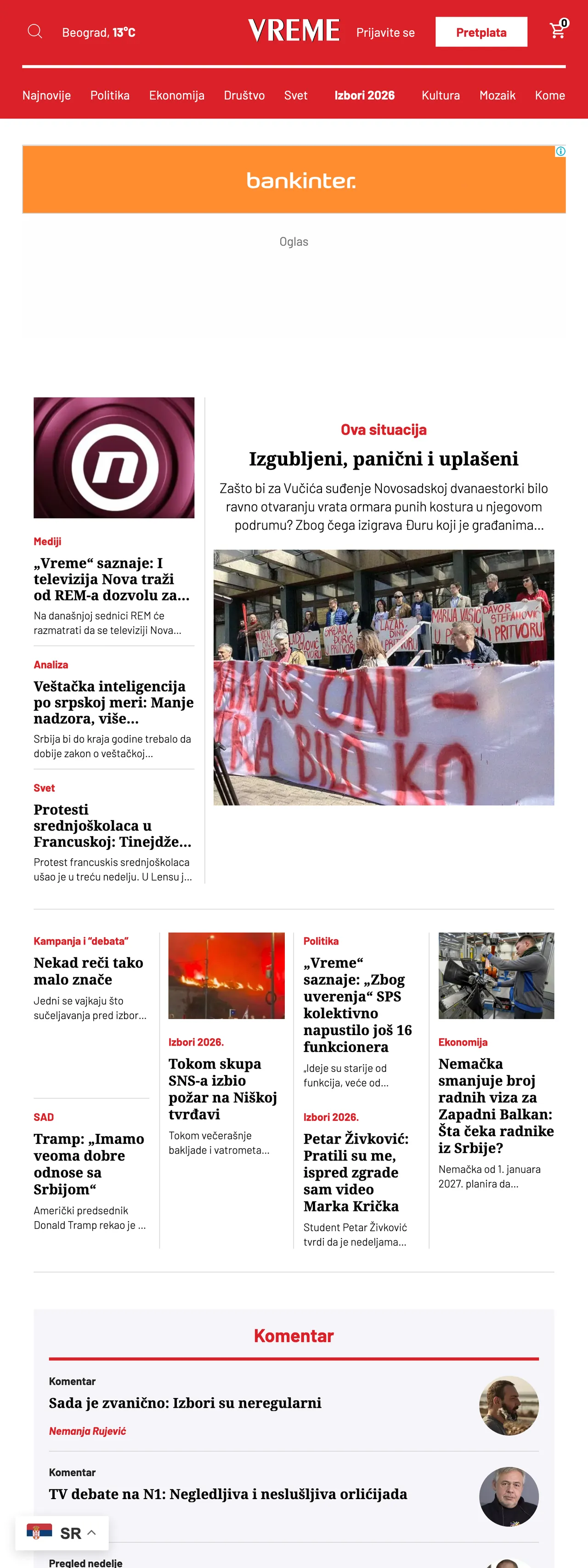Screenshot of the Vreme front page