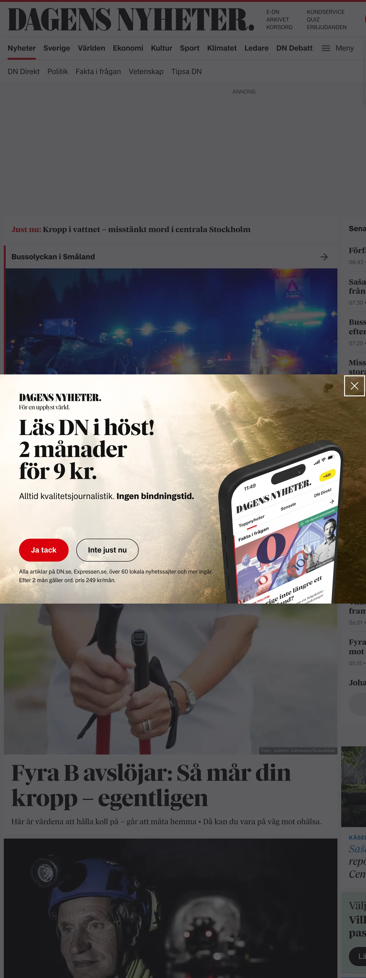 Screenshot of the Dagens Nyheter front page