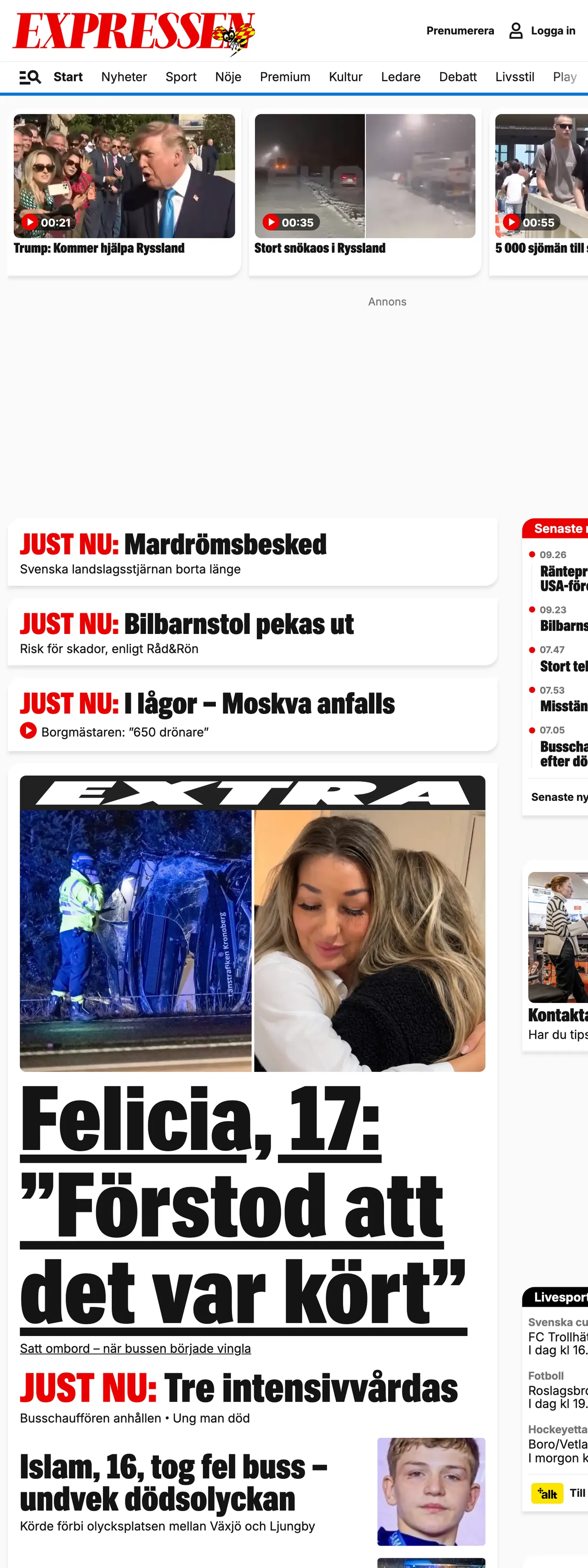 Screenshot of the Expressen front page