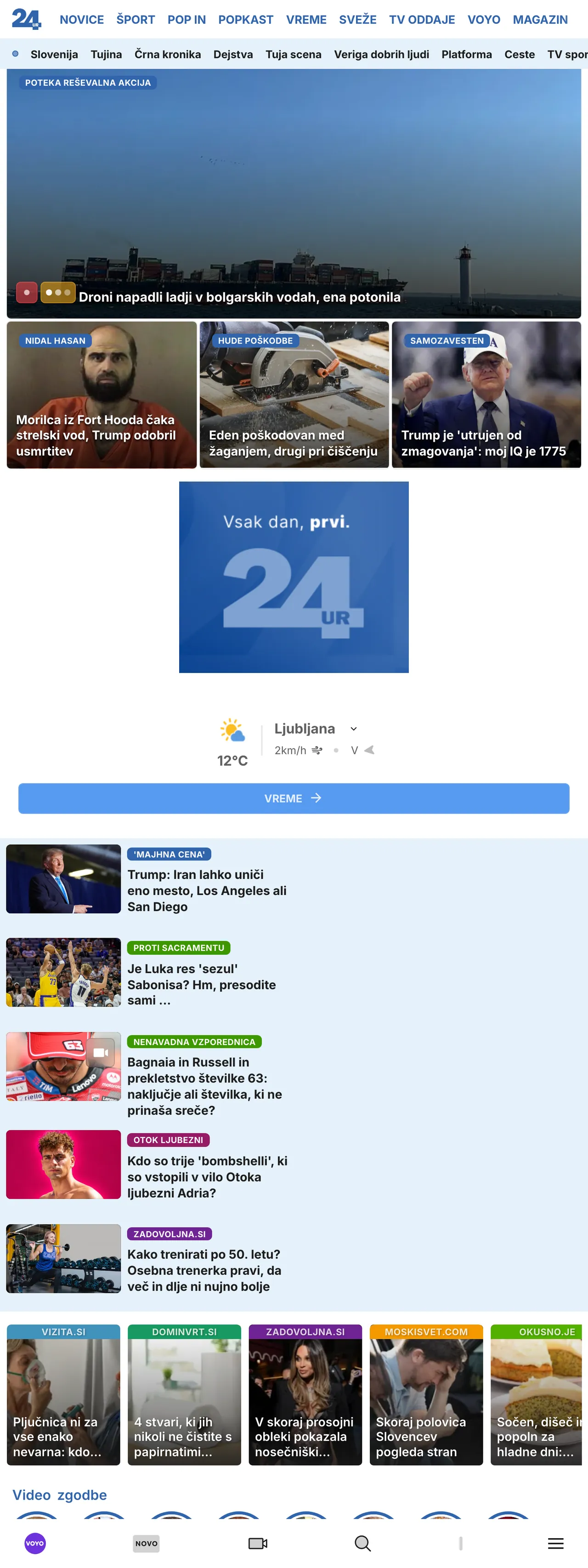 Screenshot of the 24ur front page