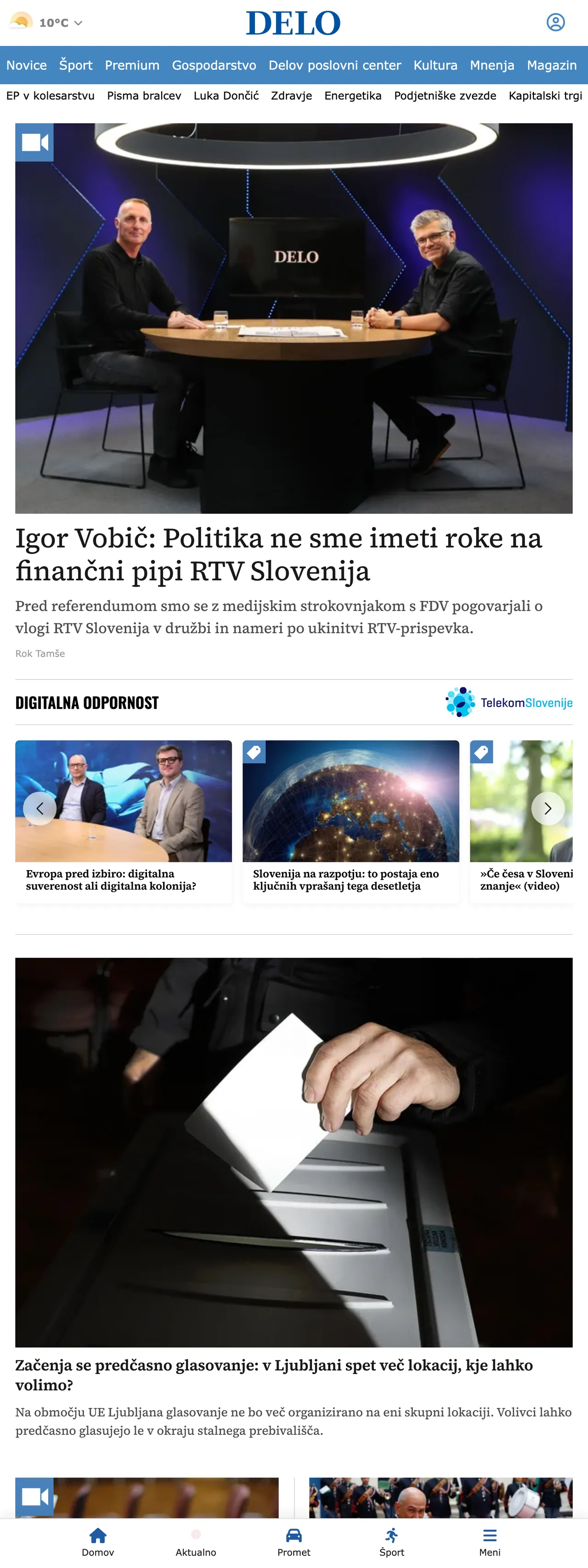 Screenshot of the Delo front page