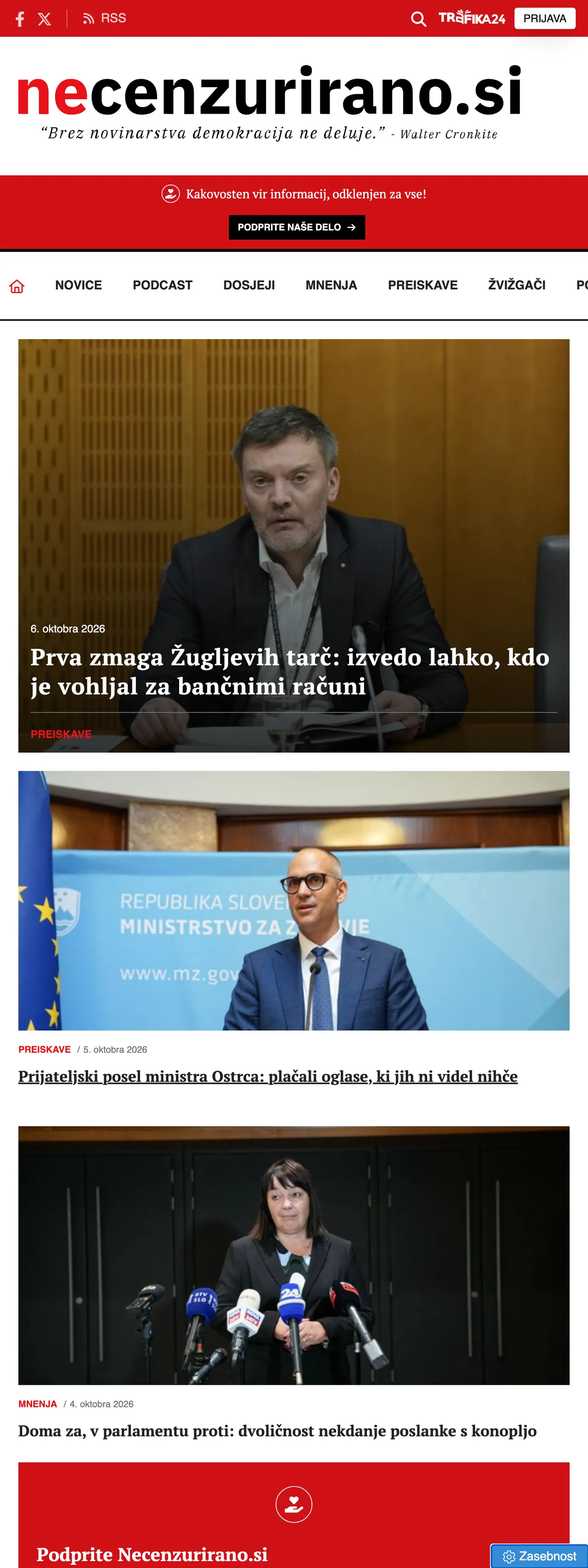 Screenshot of the Necenzurirano front page