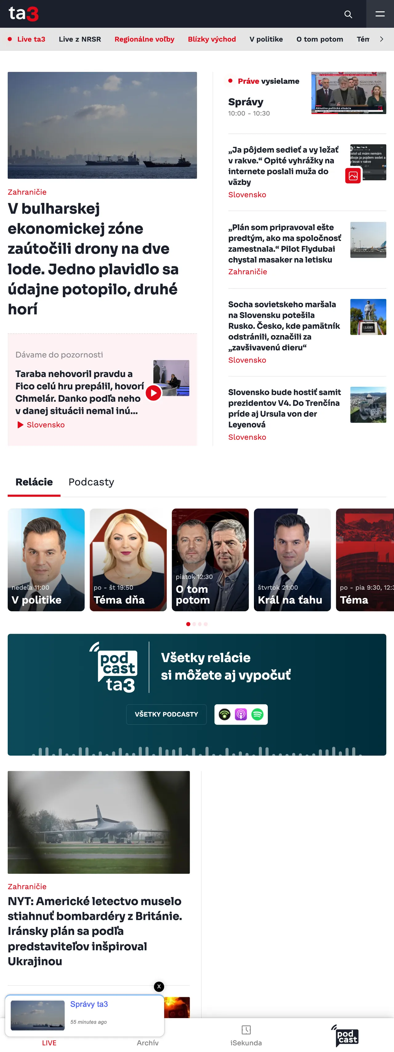 Screenshot of the TA3 front page