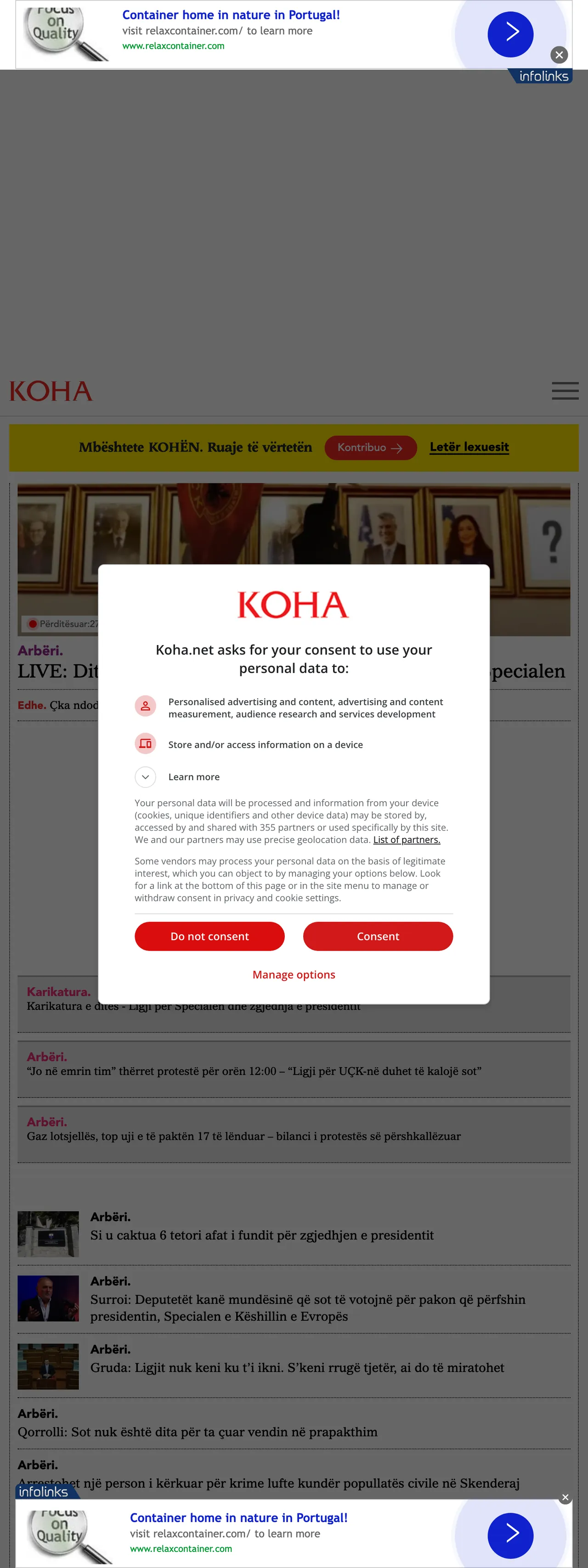 Screenshot of the Koha Ditore front page