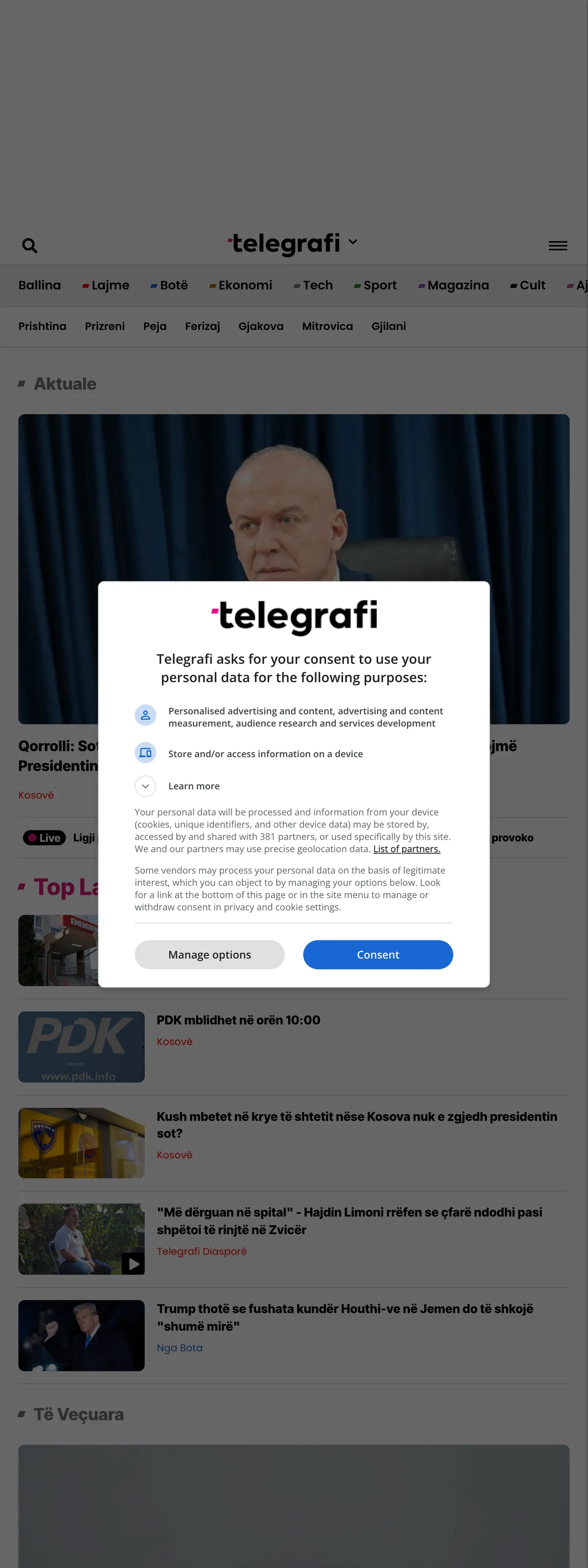 Screenshot of the Telegrafi front page