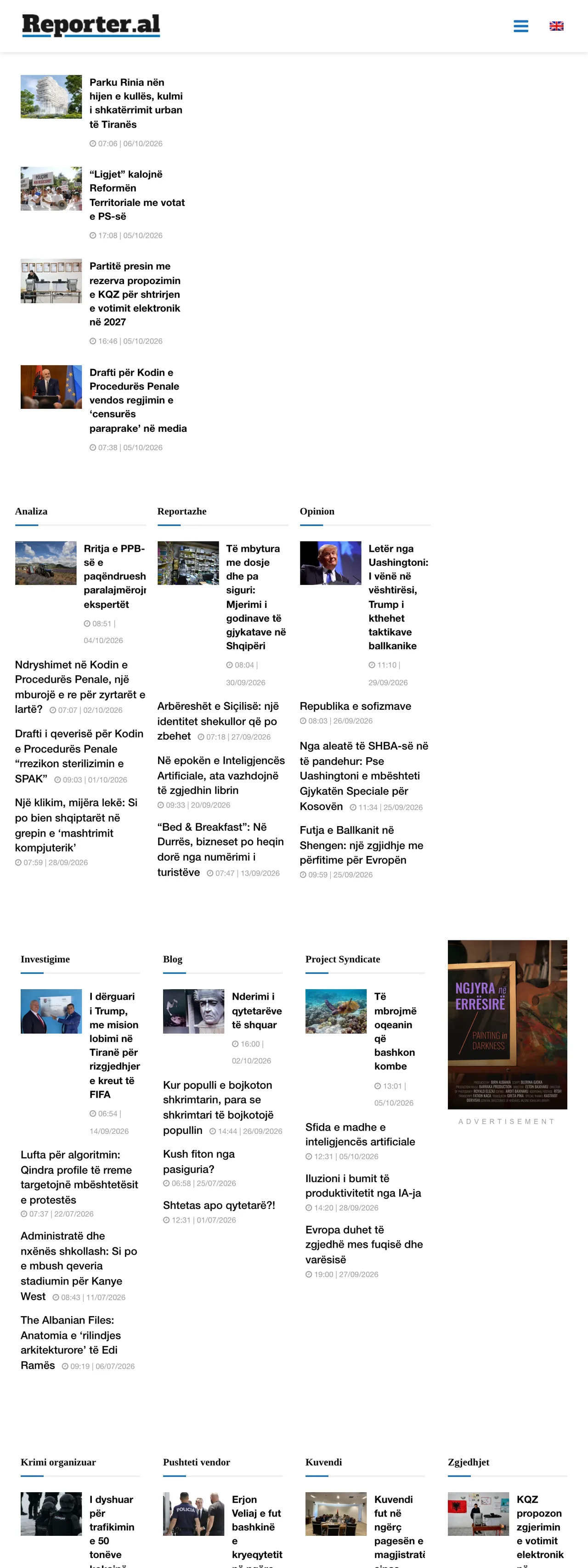 Screenshot of the Reporter.al front page
