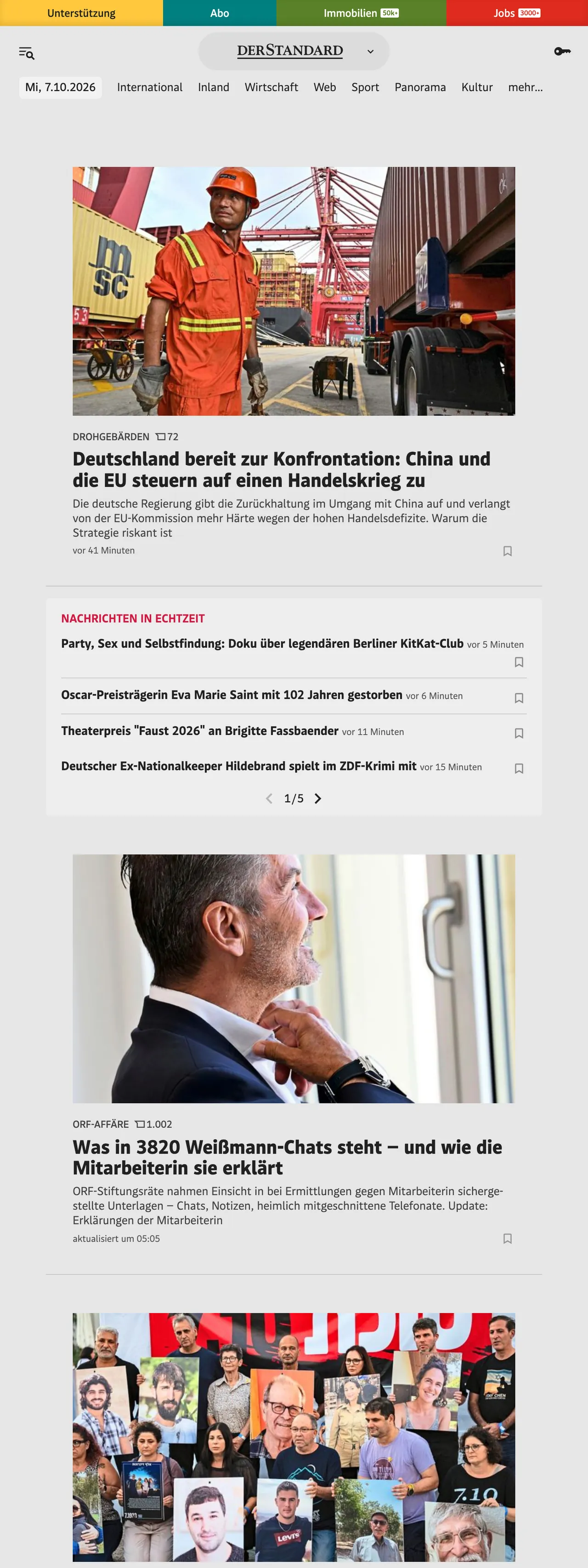 Screenshot of the DER STANDARD front page
