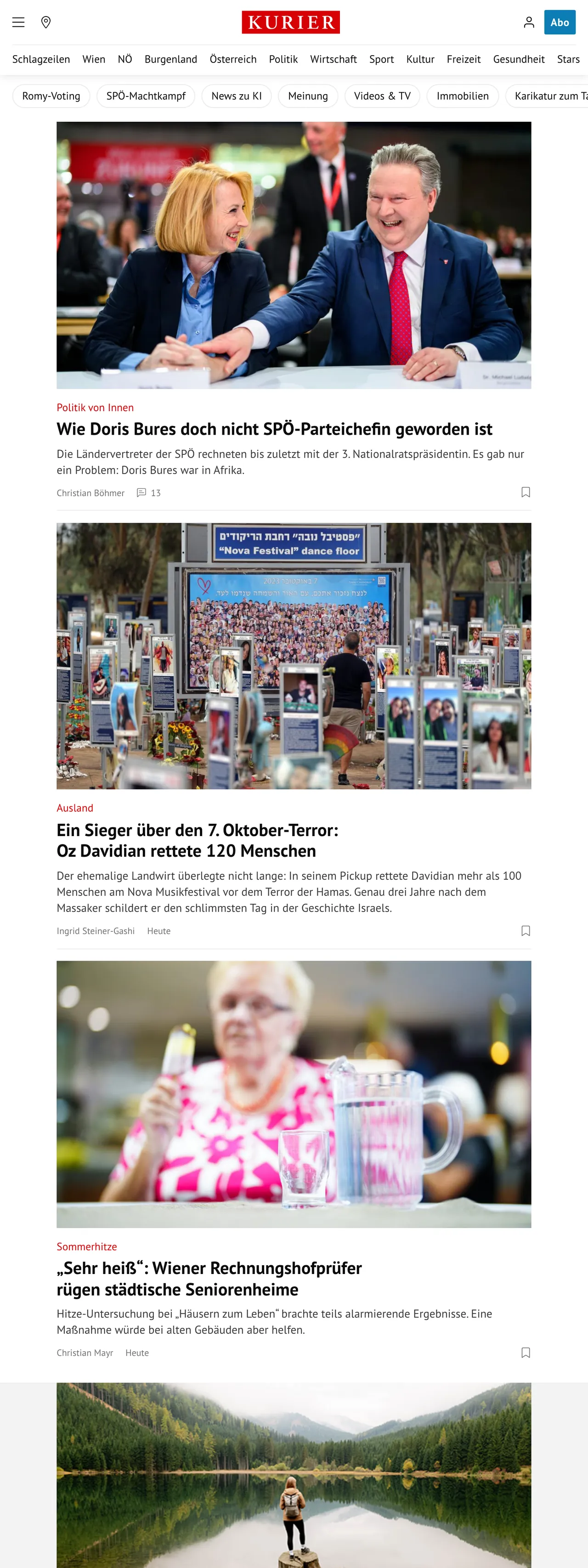 Screenshot of the Kurier front page