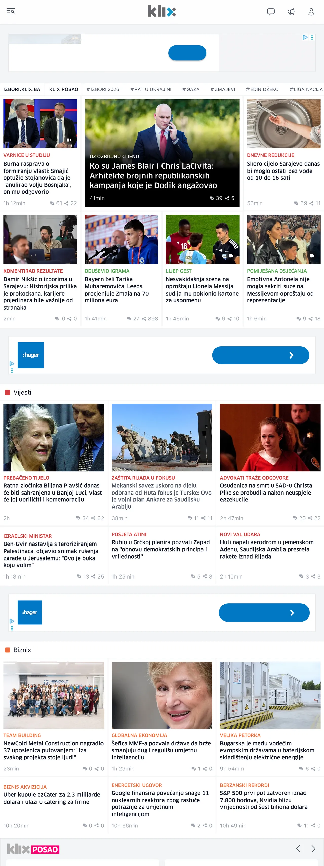 Screenshot of the Klix.ba front page