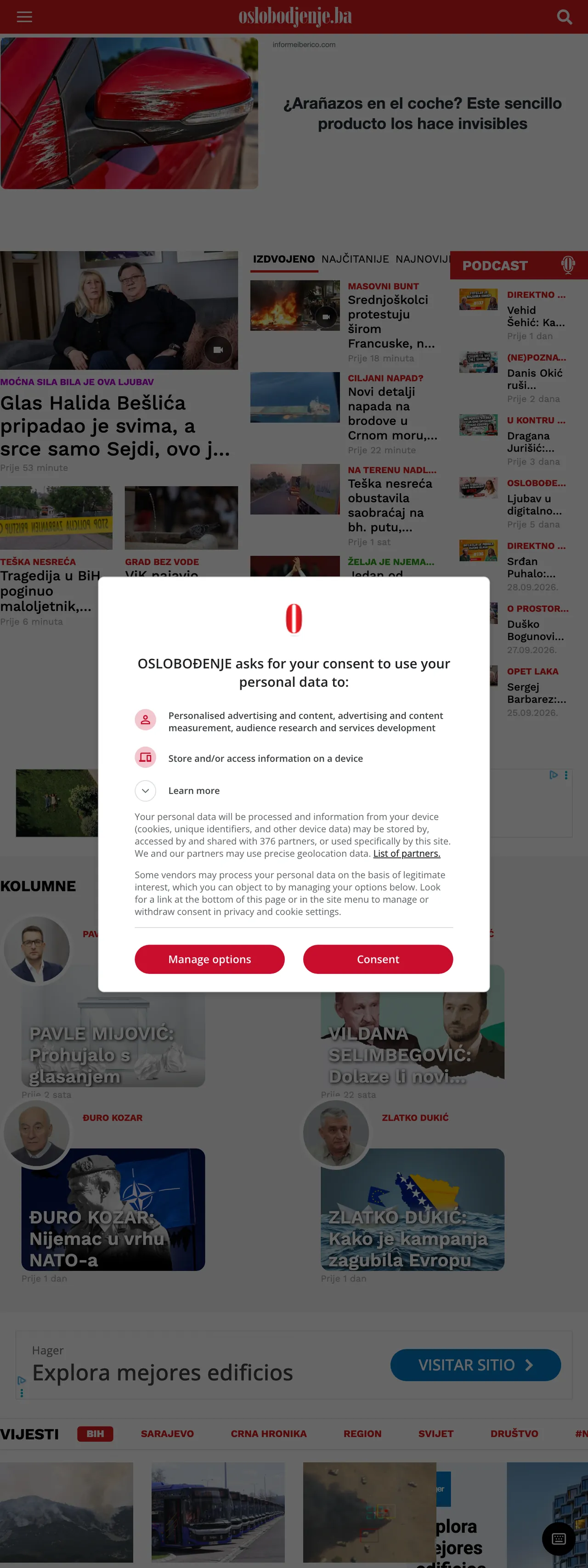 Screenshot of the Oslobođenje front page